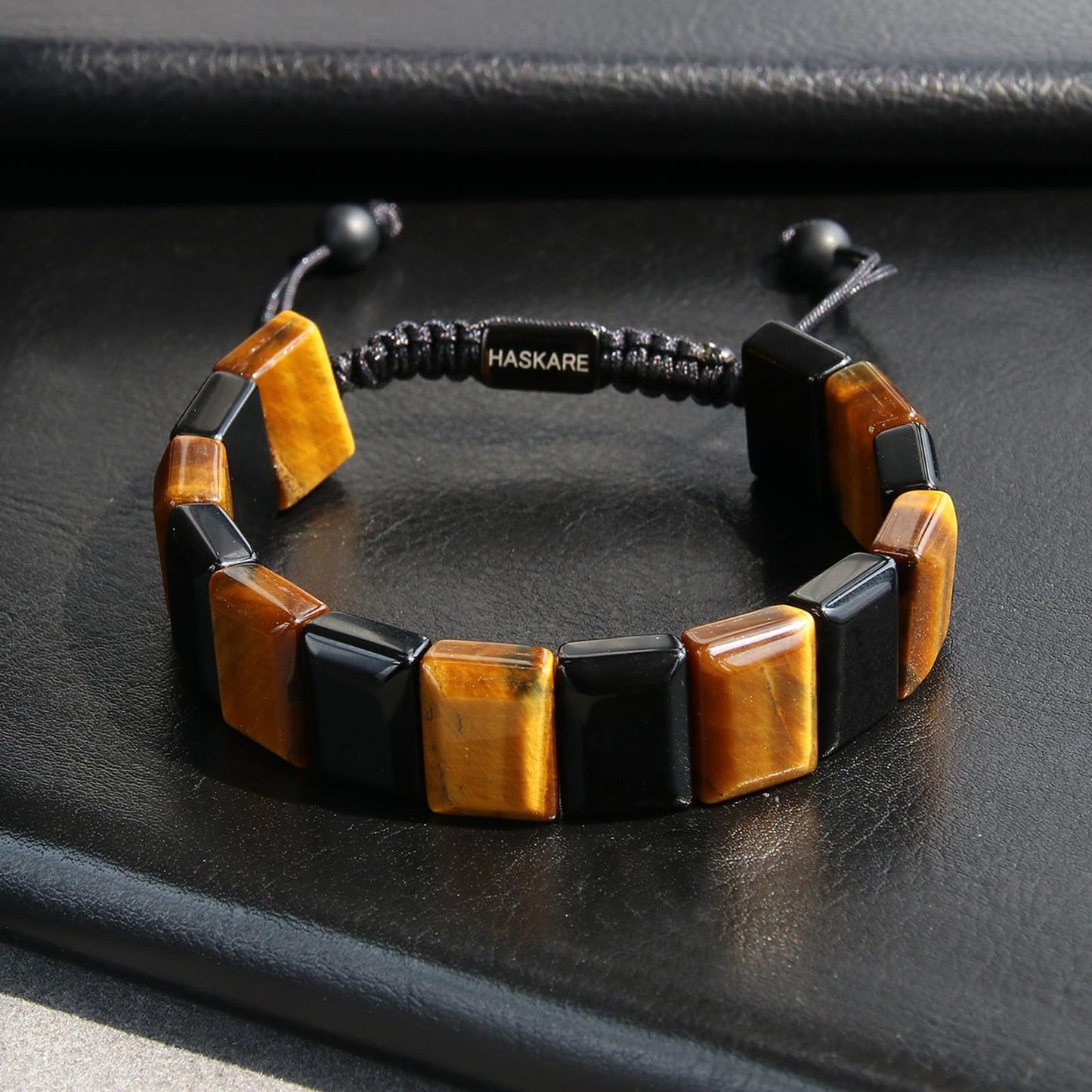 HASKARE Natural Stone Beads Men Bracelet Energy Flatbead Bracelet Genuine Tiger Eye Black Obsidian Beaded Crystals Handcrafted Adjustable Protection Jewelry for Dad Brother Husband