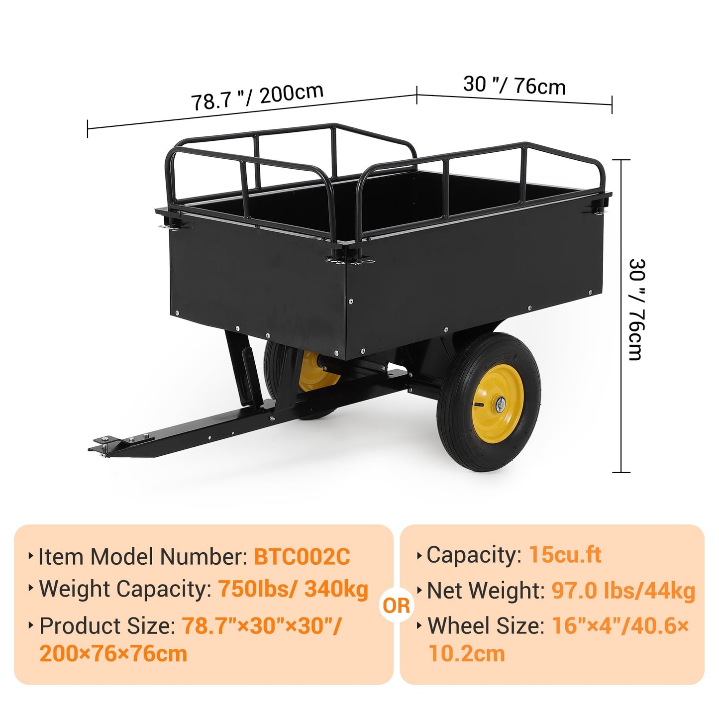 750lbs ATV/UTV Dump Trailer 15 Cubic Feet Capacity, Reinforced Side Panels,Heavy-Duty Off-Road Trailer with Dumping Function for Gardening and Farm