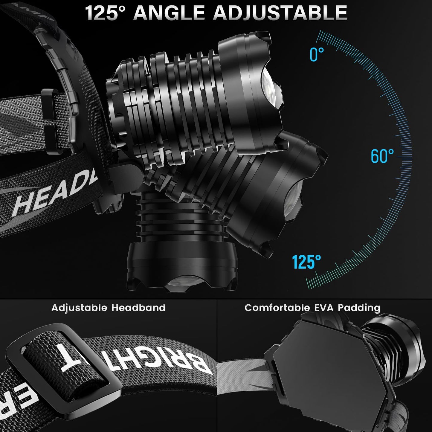 AKNEAR Rechargeable LED Headlamp Super Bright, 99000 High Lumens Head Lamp Zoomable, 25Dys+ Runtime & 12 Mode & Lightweight Comfort & 125° Adjustable IPX-7 Waterproof Head Light for Outdoor,Hardhat