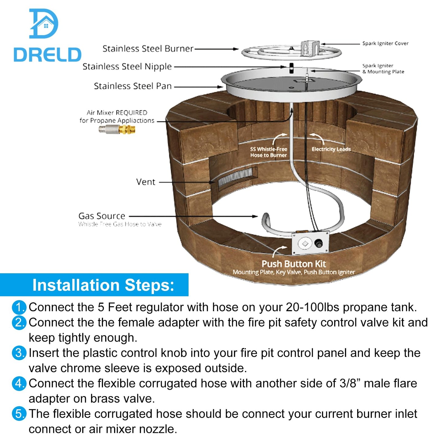 DRELD Propane Gas Fire Pit Fireplace Valve Control System Kit Assembly - Flame Failure Control Valve, Whistle Free Gas, LP Propane Hose with Regulator (Max 50,000 BTU)