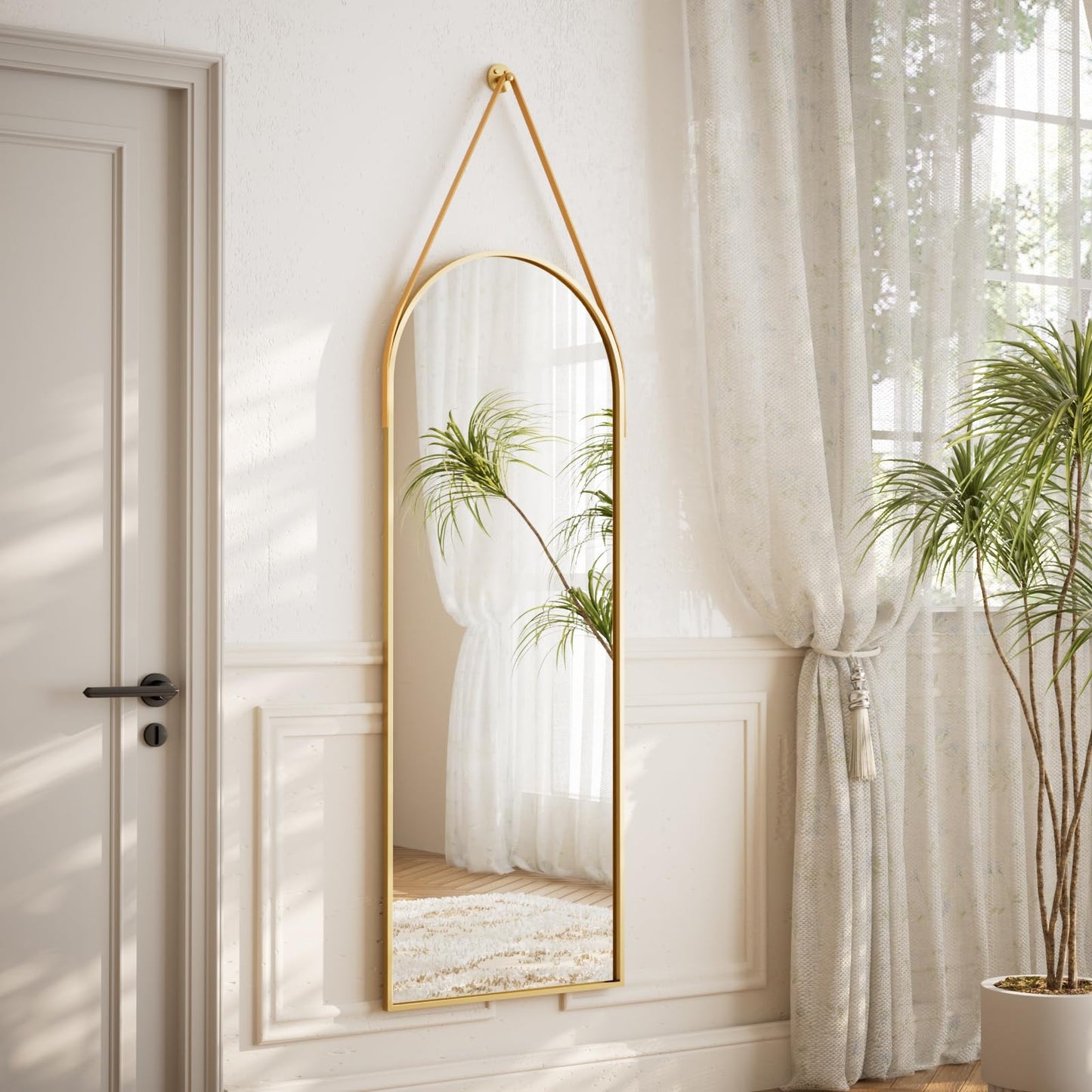 Easly 16''x48'' Arched Full Length Mirror, Hanging Mirror for Wall with Leather Strap, High-Definition Aluminum Alloy Frame for Bathroom Bedroom Entryway Decor, Gold