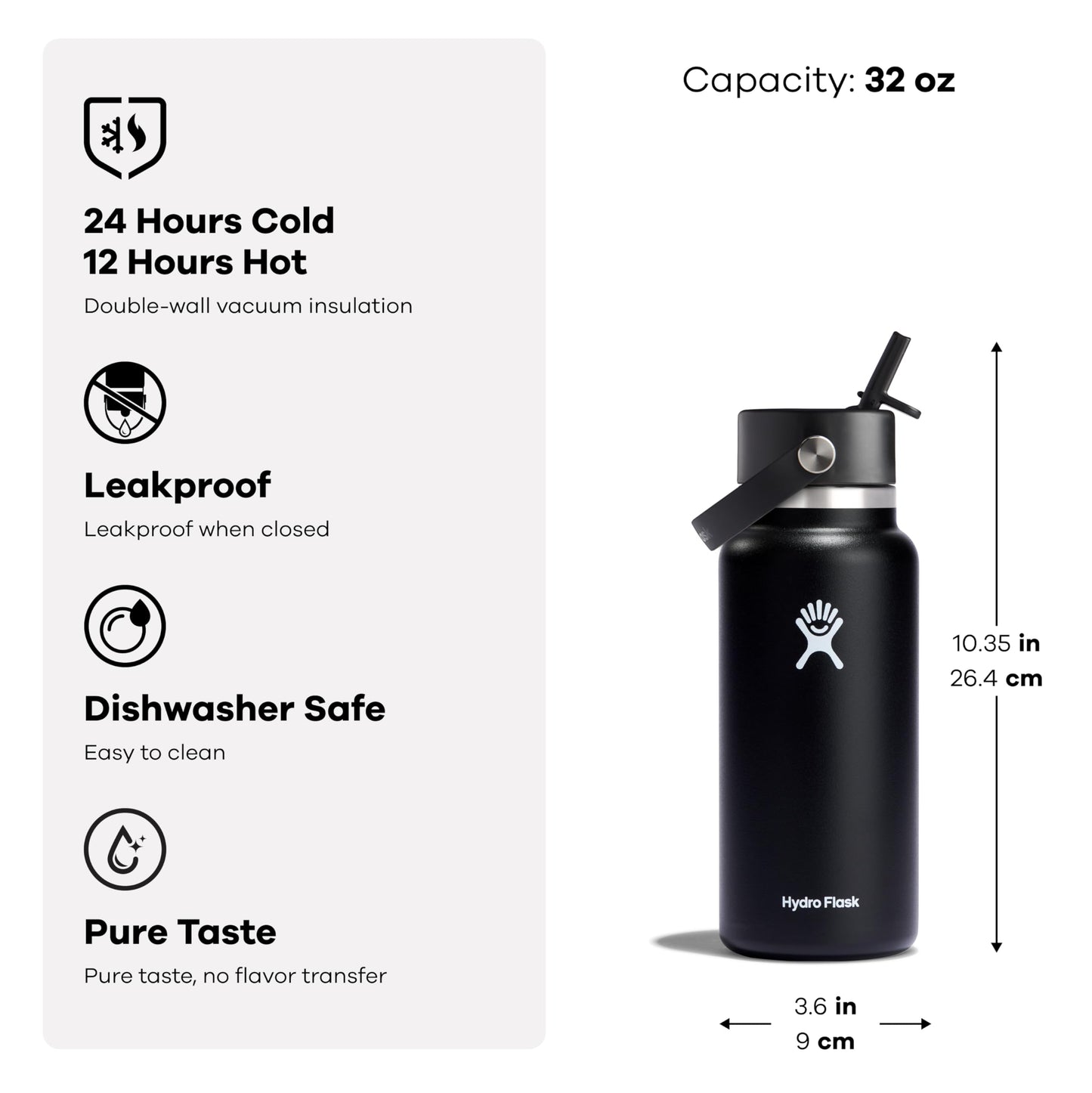 Hydro Flask Water Bottle - Insulated Stainless Steel - Wide Mouth Flex Straw Lid, Non Spill, Leakproof and Refillable in 32 Oz White