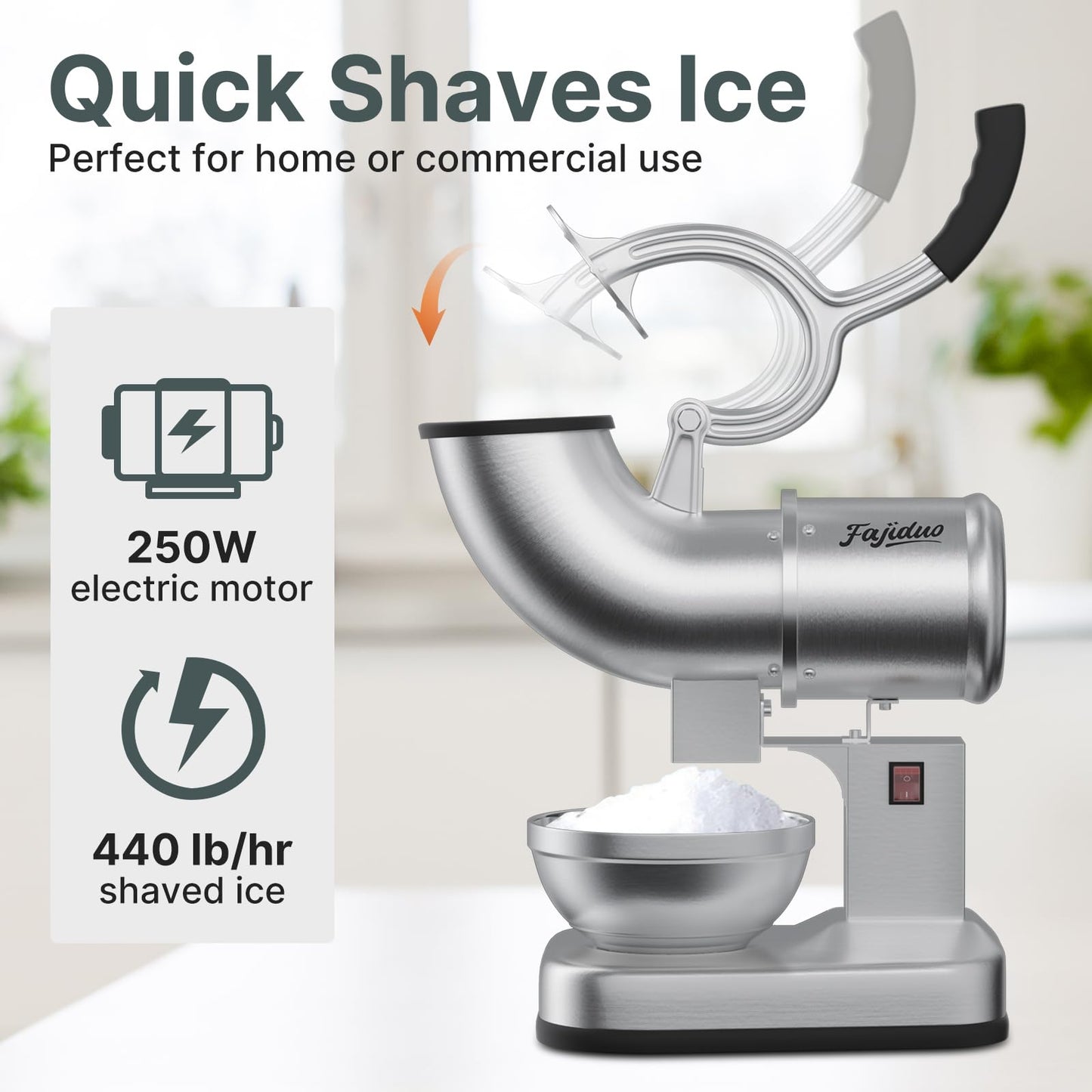 Fajiduo Electric Ice Shaver, Stainless Steel Dual Blade Ice Crusher 440LBS/H, Commercial Shaved Ice Machine, Snow Cone Machine for Home, Commercial, Restaurants, Bars, Party
