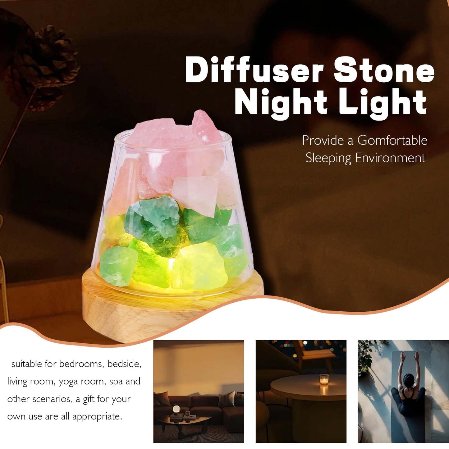 Runyangshi Healing Crystal Night Light Natural Green Fluorite Rose Quartz Raw Stone Aroma Diffuser USB Powered 3 Colour Adjustable Bedside Lamp for Bedroom Living Room Yoga Meditation Home Decor Gift