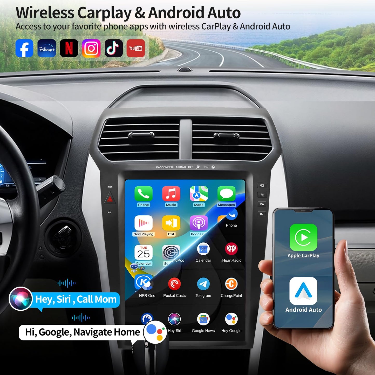8Core 4+64G Car Radio for Ford Explorer 2011-2019 Radio Upgrade with 12.1 inch Tesla Style Screen Support Wireless Carplay Android auto Keep OEM Camera 4G GPS Navigation SWC