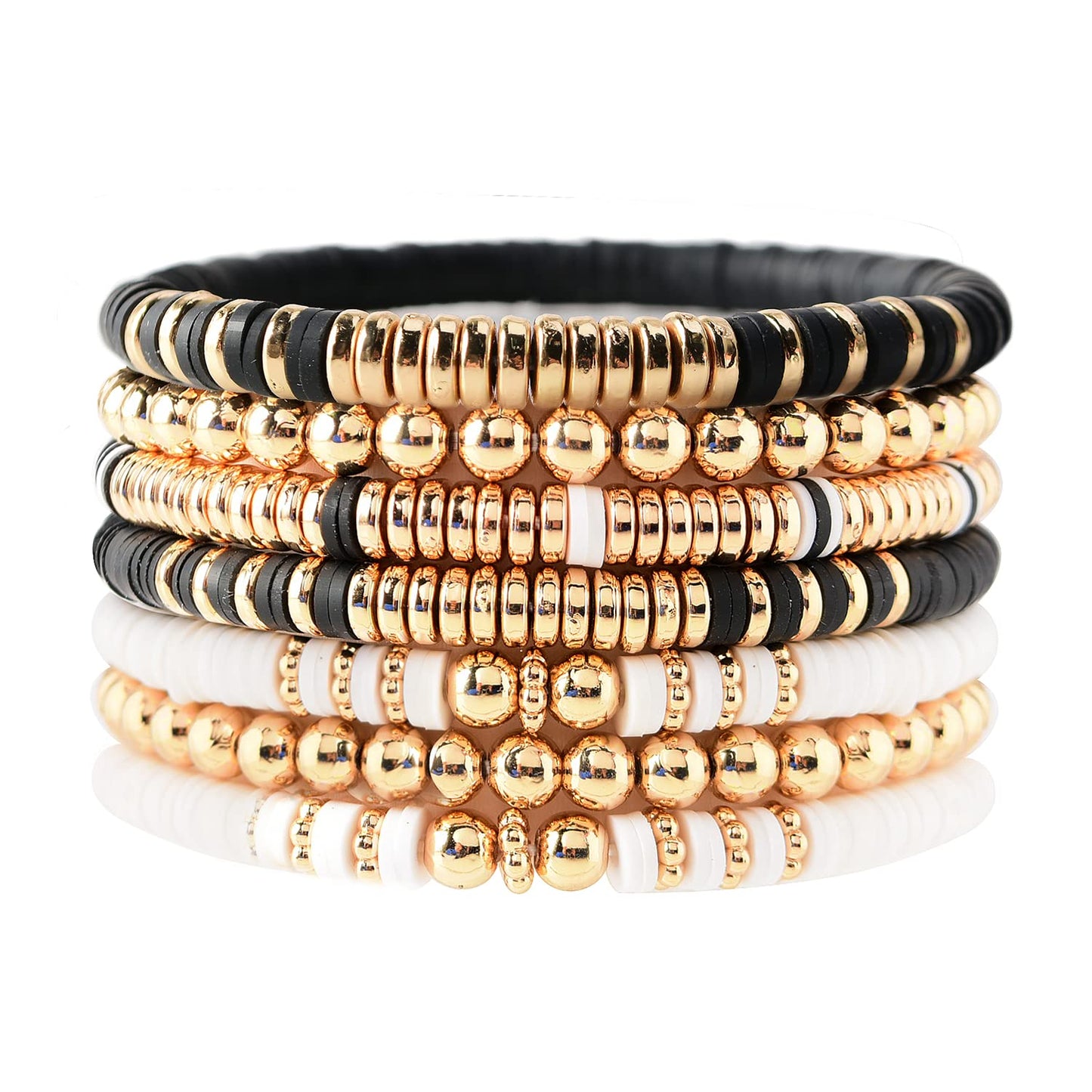 GOOJIDS Black Surfer Heishi Clay Bead Bracelets for Women Bohemian Stackable Gold Plated Beaded Stretch Bracelets Elastic Layering Friendship Bracelets Set Jewelry Gift