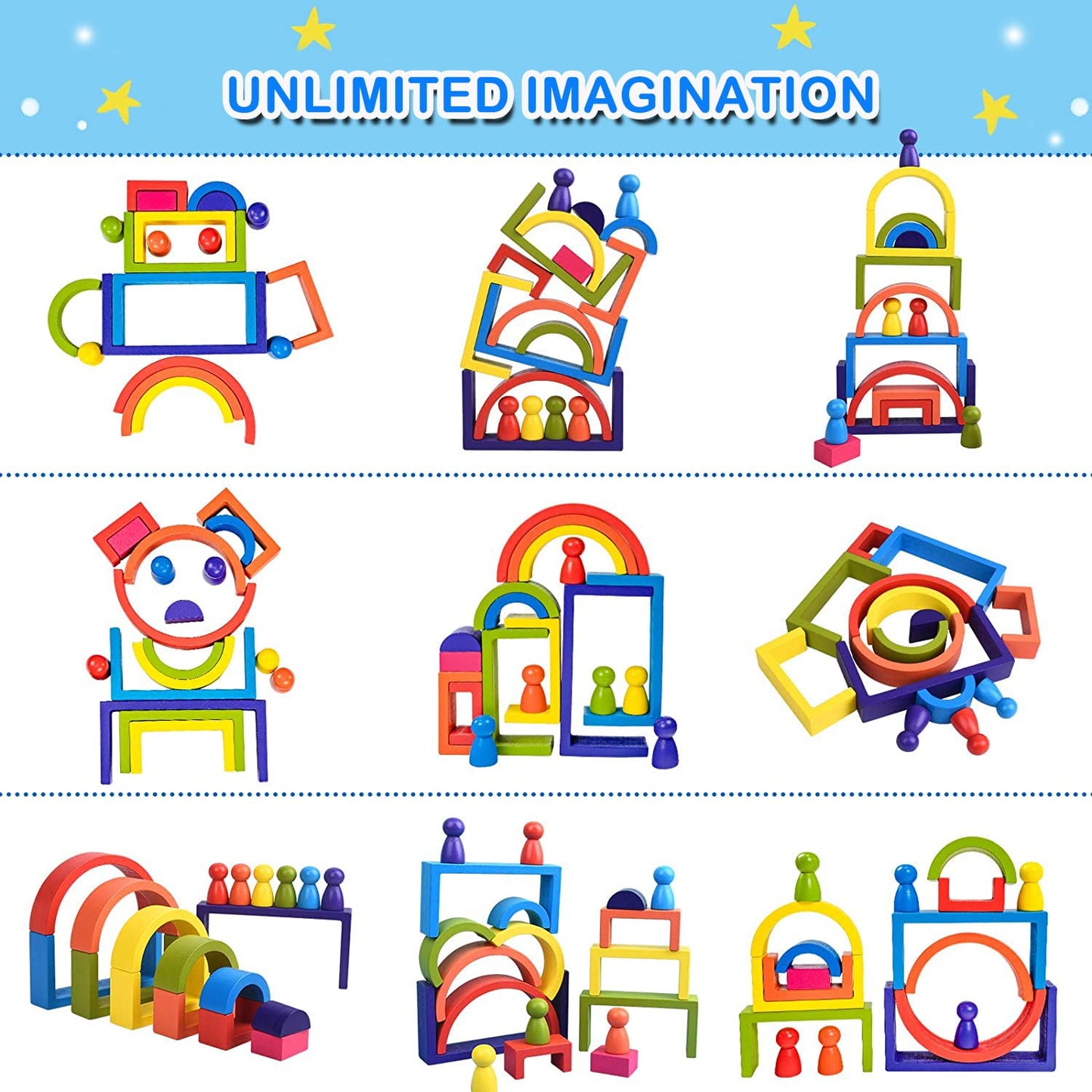 BOZE SUPOD Wooden Toys, Montessori Toys for Kids 3 4 5 6+Years Old Boys Girls Rainbow Stacking Blocks Set Preschool Activites Educational Toy Gifts for Toddler-19PCS