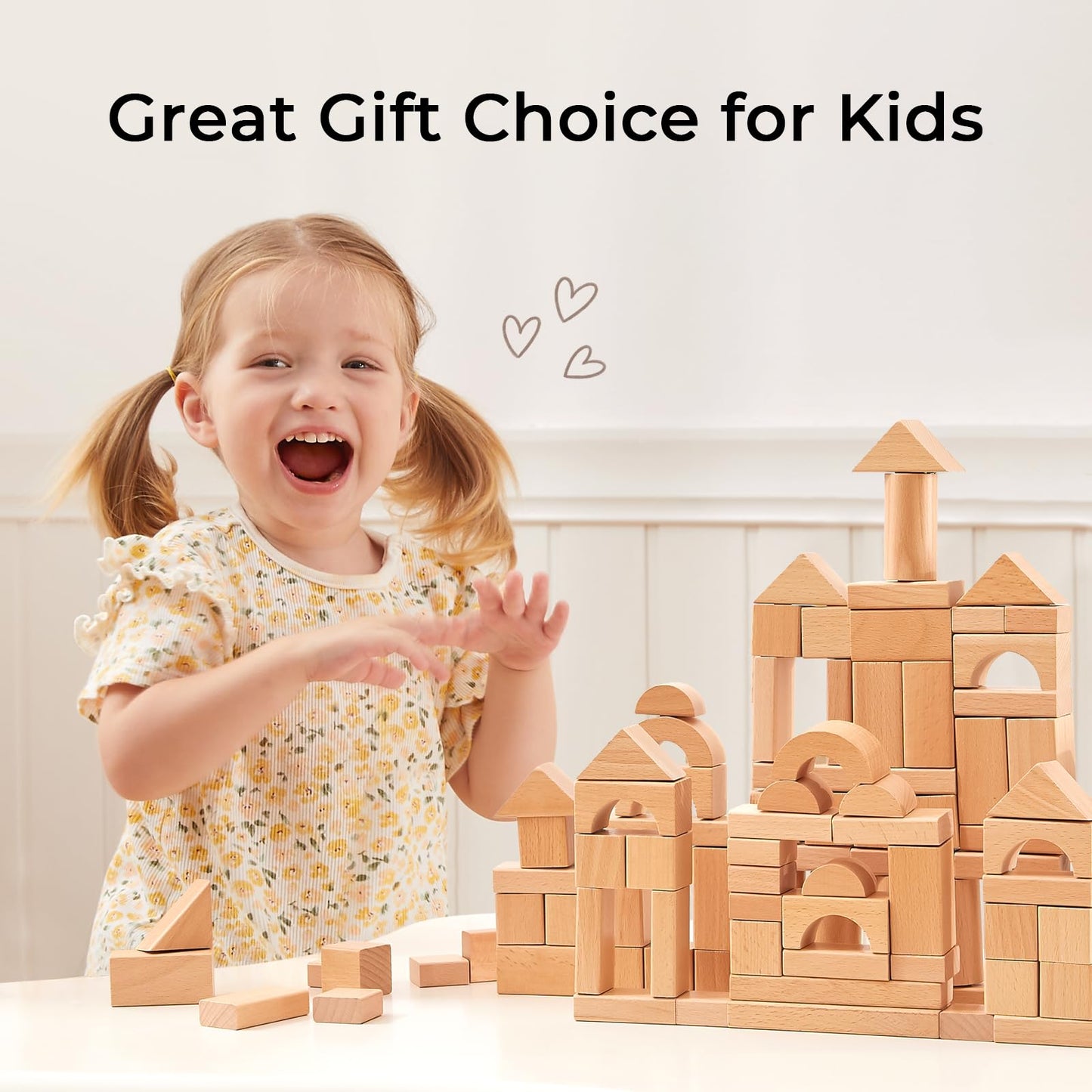 MEEYOO 100pcs Natural Beech Wooden Building Blocks for Toddlers 1-3, Wooden Blocks for Baby Shower with Storage Bucket, Montessori Toys for Preschool Girls and Boys