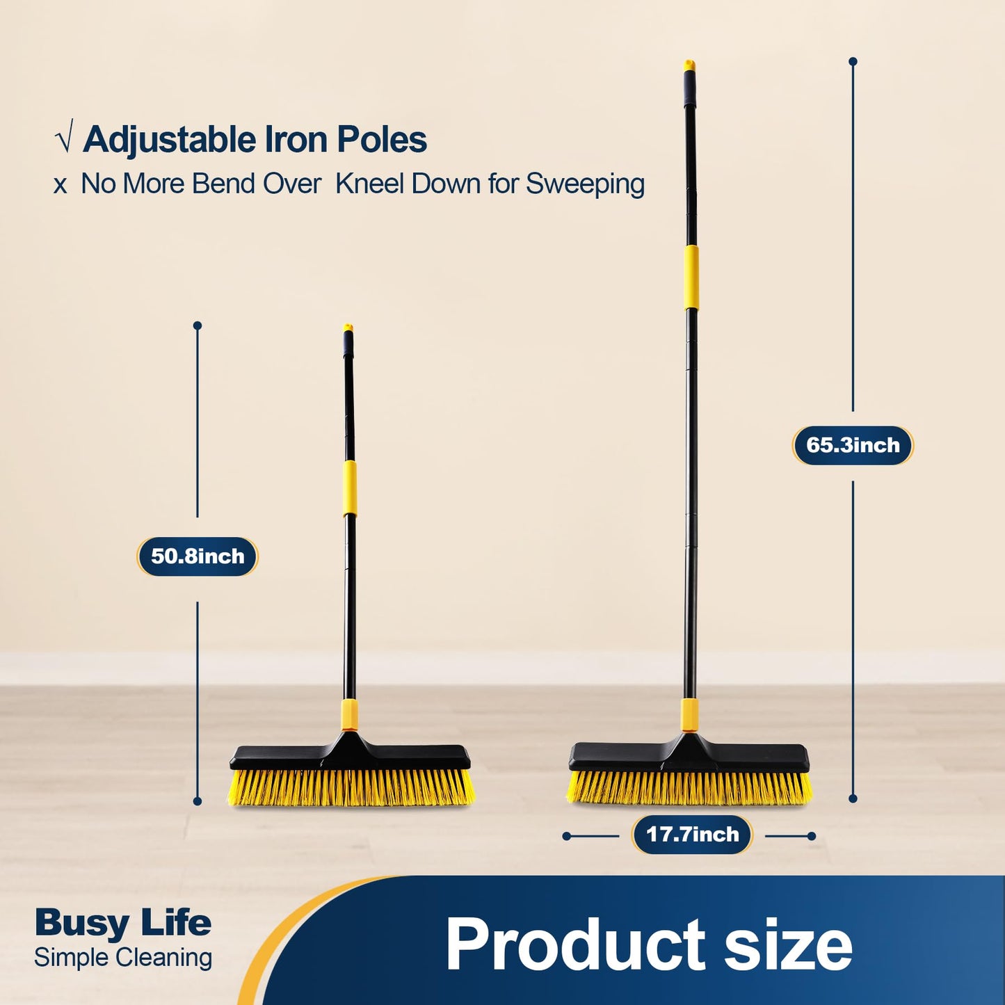 Yocada 18 Inch Push Broom Heavy-Duty Outdoor Commercial Broom Brush Stiff Bristles for Cleaning Patio Garage Deck Concrete Wood Stone Tile Floor 65.3 inch Long