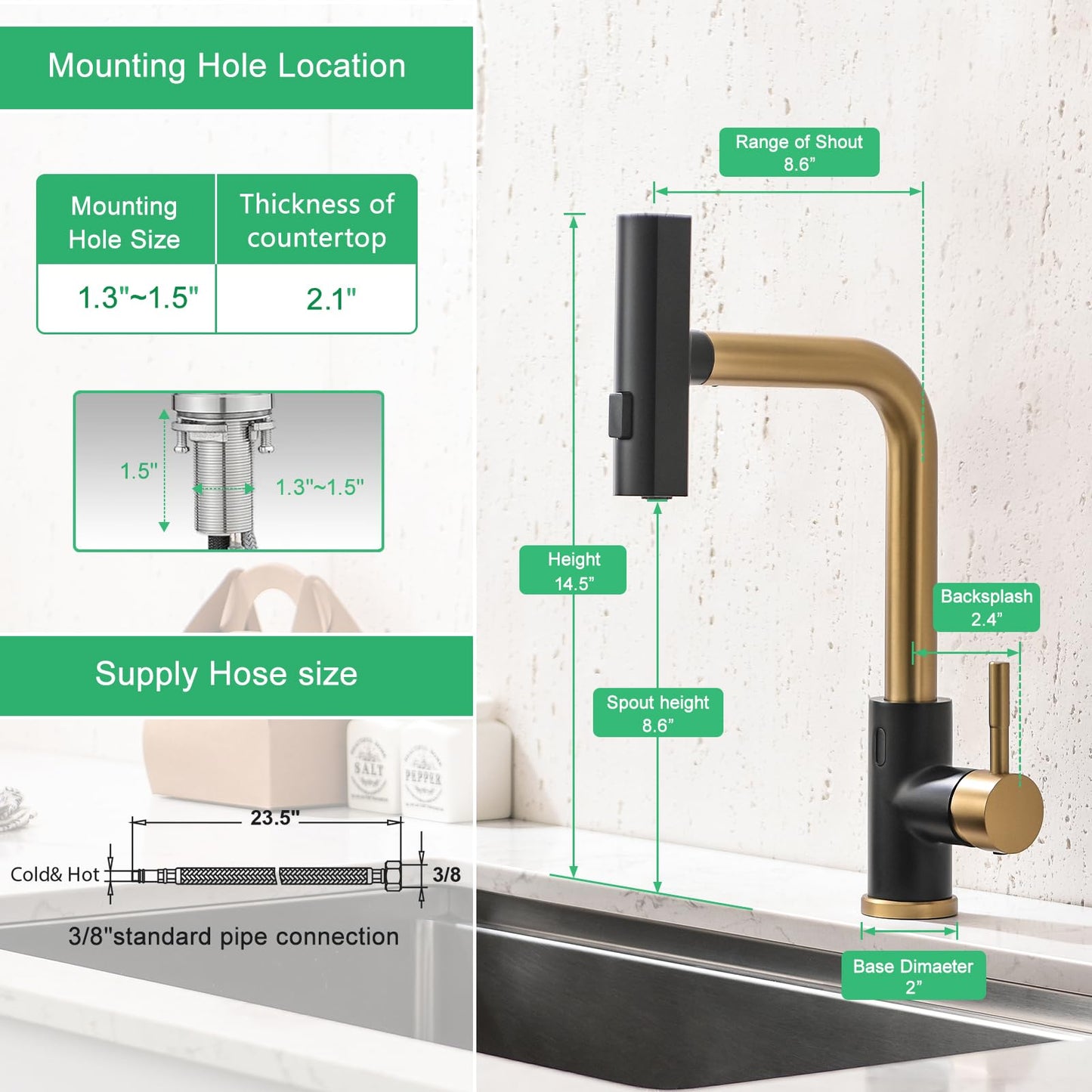 CENOSA Touchless Kitchen Faucet Motion Sensor Hands Free Single Handle Kitchen Sink Faucet with Pull Down Sprayer Black and Gold