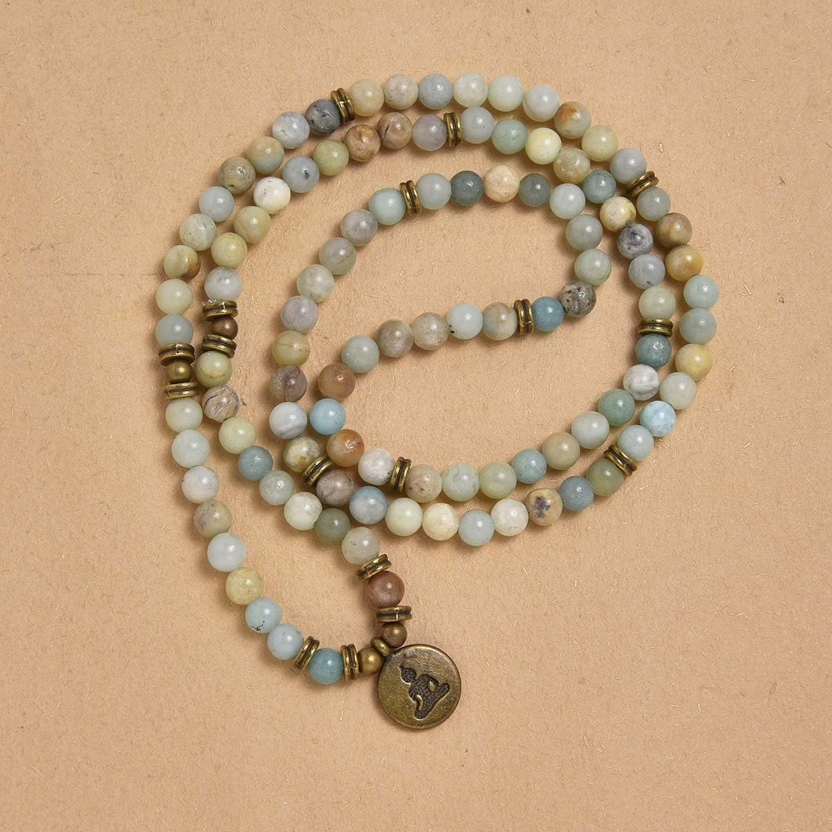 108 Mala Beads Bracelet Necklace with Yoga Symbol Buddha Charm – Gold-Plated Meditation Jewelry, Healing Stone, Ideal Spiritual Gift for Yoga & Meditation (Amazonite)