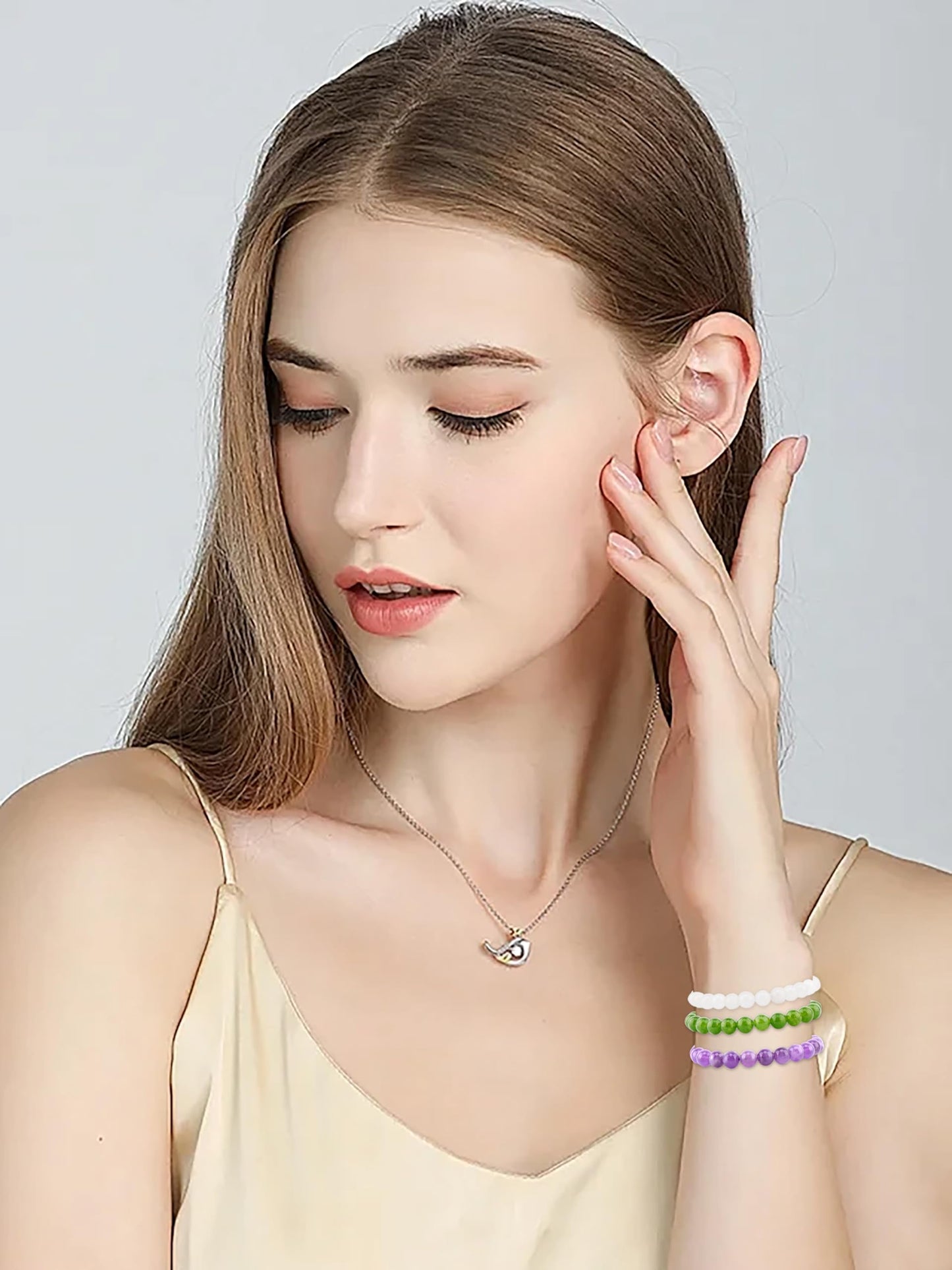 NCB 3-Piece 8mm Natural Crystal Gemstone Stretch Bracelets – Amethyst, Green Jade, White Jade Handmade Reiki Energy Healing Jewelry for Meditation,Yoga, Unisex