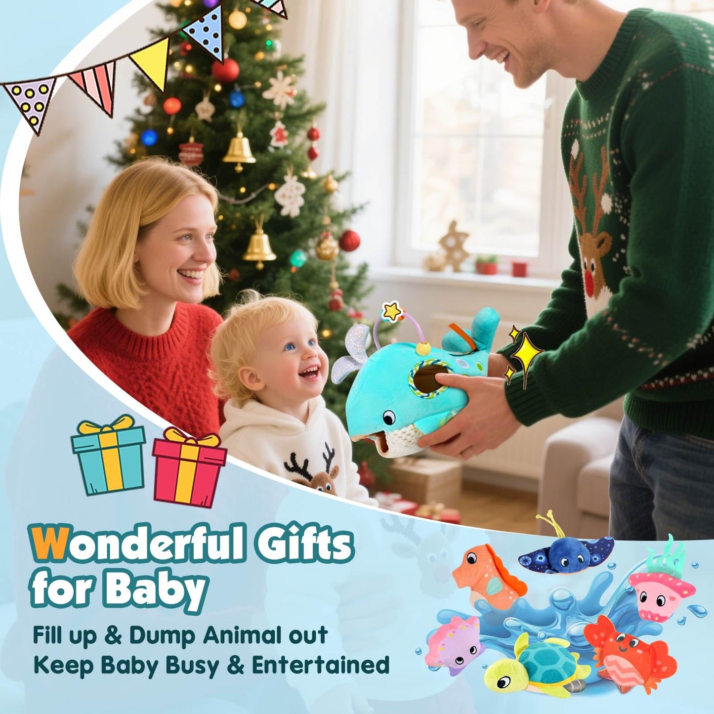 FREYBLI Baby Toys 6-12 Months - Soft Ocean Adventure Toy with Rattle, Crinkle Paper, Squeaker, Mirror - 6 Month Old Baby Toys Boy Girl Gifts, Baby Sensory Montessori Toys for 6 Month Old Infant Toys