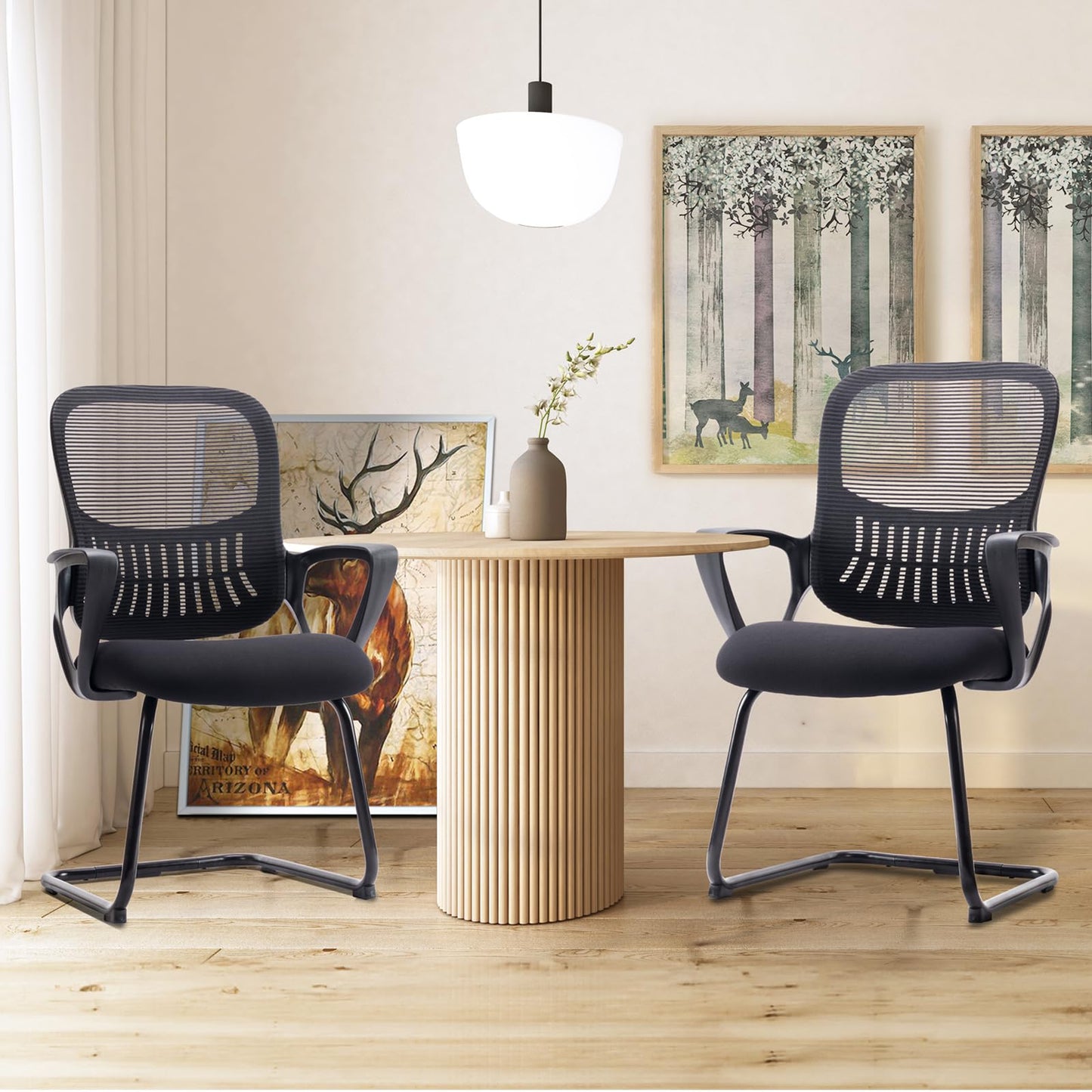 Sweetcrispy Reception Chair No Wheels, Stationary Non Rolling Mesh Mid Back Computer Guest Side with Lumbar Support for Waiting Area Reception Conference Room, Set of 4, Modern Black