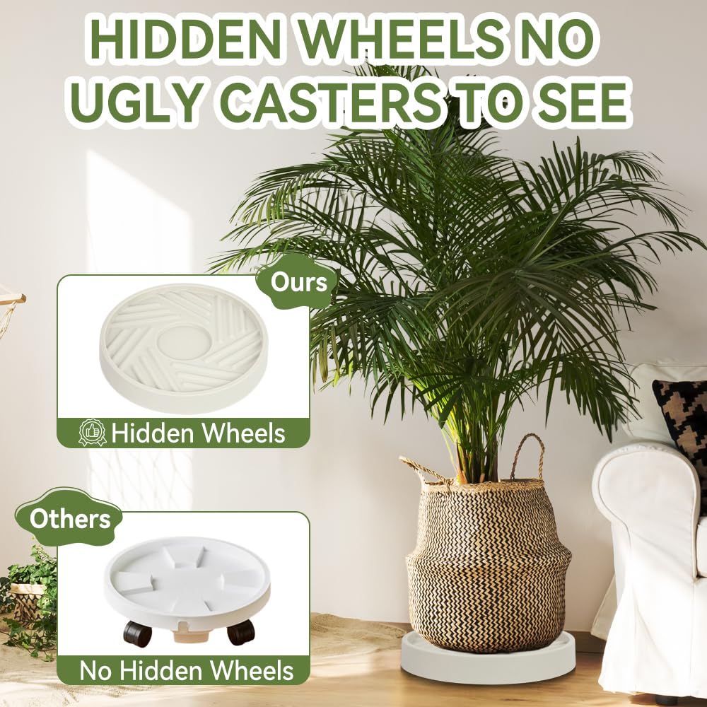 UoeRing 2 Pcs Plant Caddy with Hidden Wheels 10 Inch Heavy Duty Rolling Plant Stand, Indoor Outdoor Plant Saucer Tray with $9.9 Garden Tools (Beige)