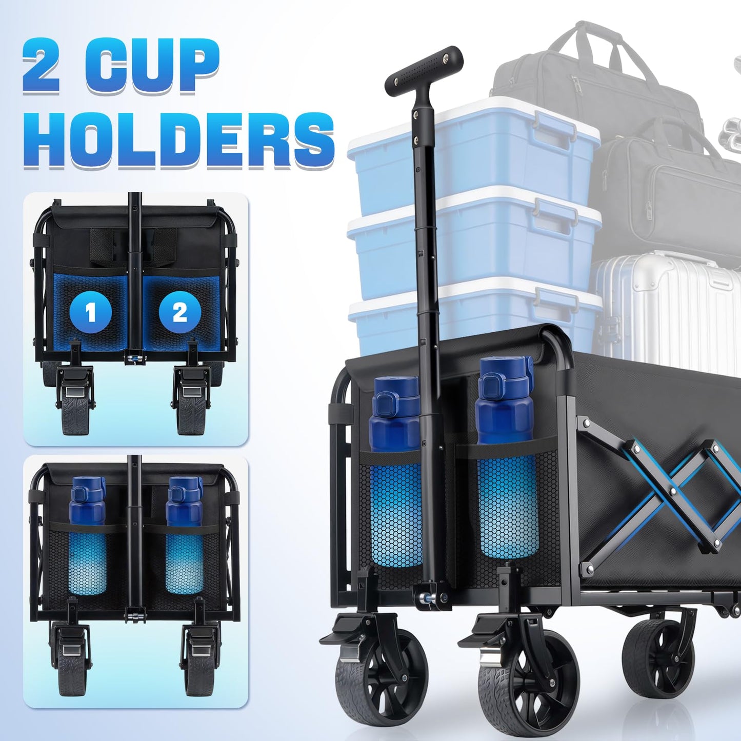 Collapsible Wagon Cart Foldable with Wheels - Heavy Duty 360LBS Portable Folding Utility Shopping Cart with 360ยฐ Swivel Brakes Wheels & Cup Holders for Outdoor Camping Beach Grocery Garden