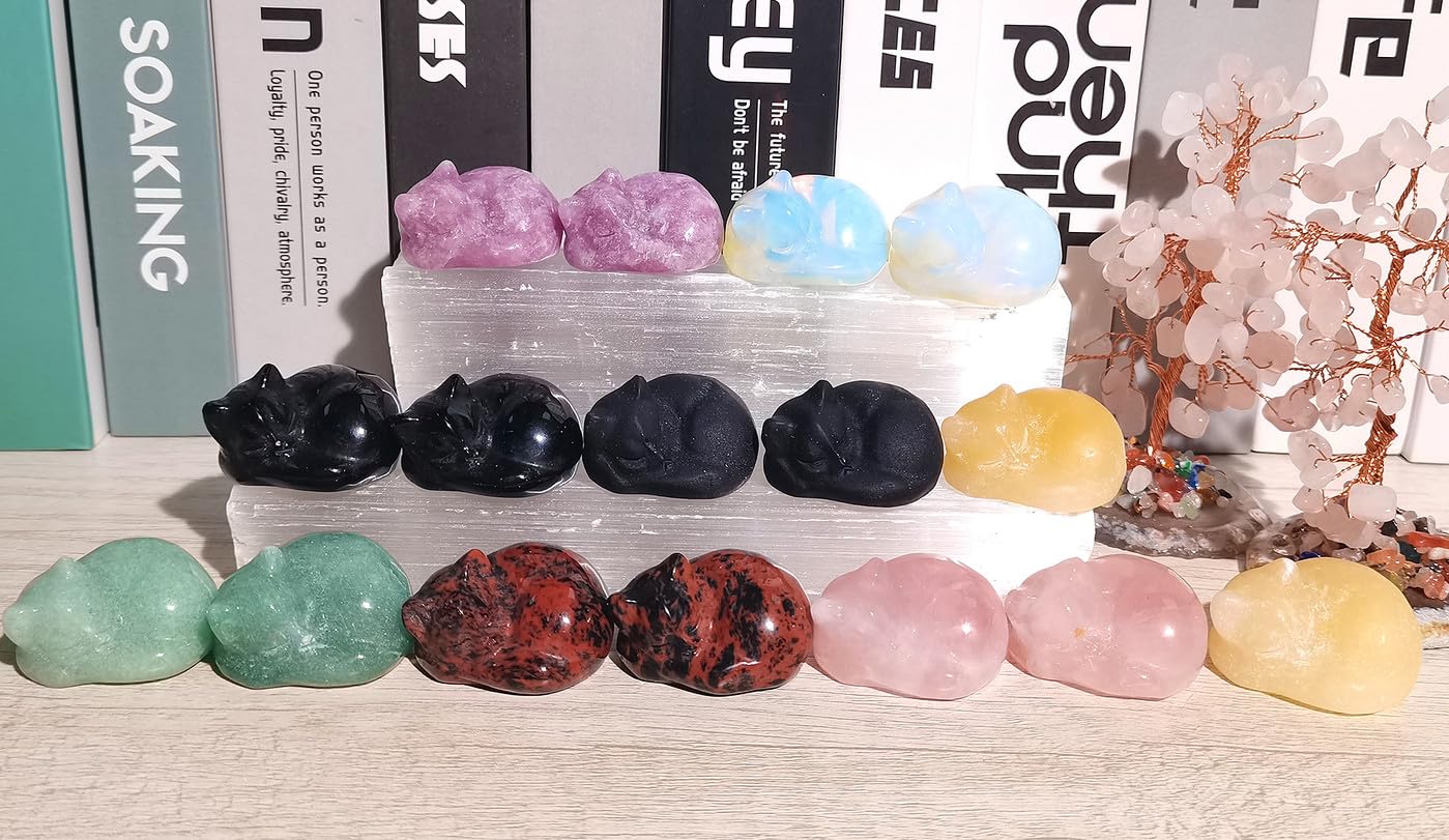 QINJIEJIE Fancy Calcite Cat Crystals Decor Sleeping Cat Statue Healing Stone Figurine Decors Gift Hand Carved Gemstones Office Room Home Desk Lucky Decoration Cute Orange Gifts for Women Men