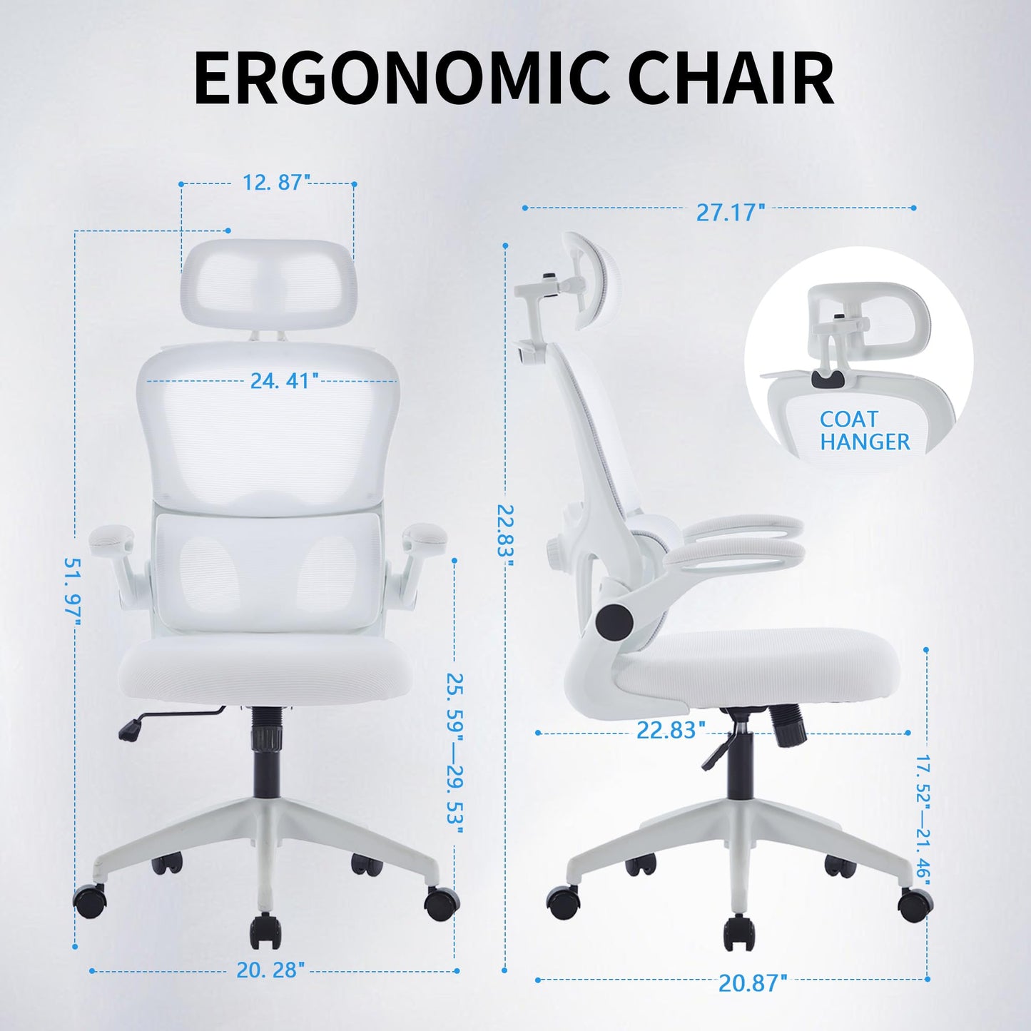 Vigosit Ergonomic Mesh Office Chair, 400 lbs Capacity, High Back Desk Chair with Adjustable Lumbar Support, 3D Headrest, Flip-Up Armrests, and PU Wheels for Long Workdays and Home Office (White)