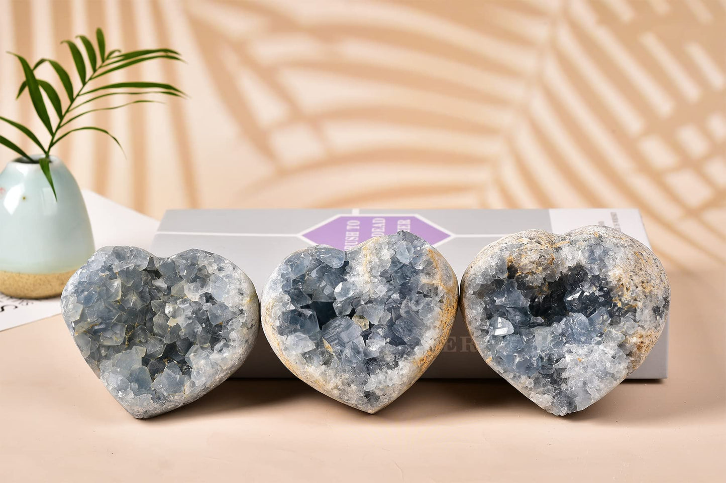 AMOYSTONE Heart Celestite Crystals Natural Healing Crystal Blue Geode Raw Celestite Clusters Large Crystal Stone for Reiki, Gifts, Decor with Plastic Stand 3.6"-4"