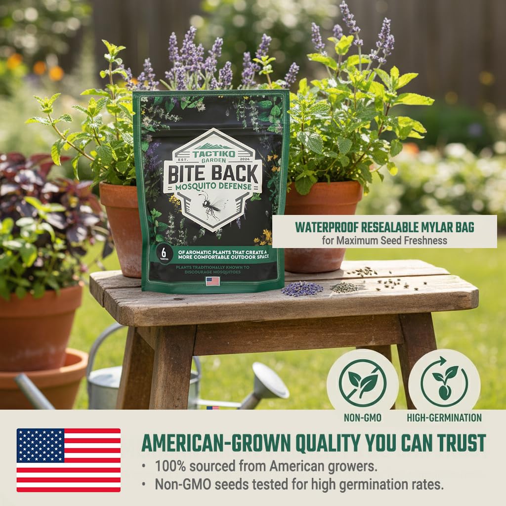 Tactiko Garden Aromatic Herb Seed Kit for Mosquito Season – 6 Individual Seed Packets for Patio & Deck - Lavender, Lemongrass, Marigold, Catnip, Lemon Balm. Basil – Starter Kit with 6 Coir Soil Discs