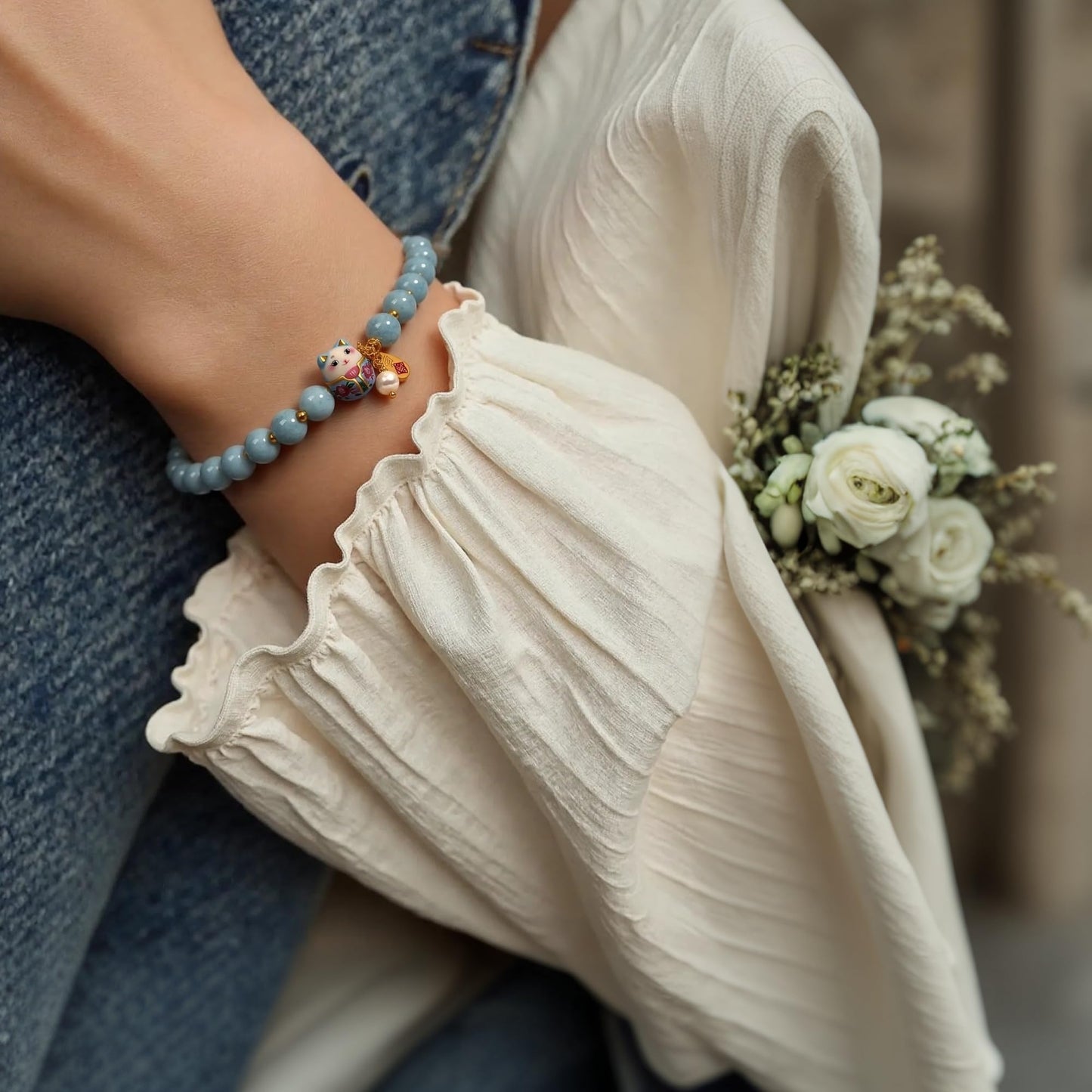 Lucky Cat Bracelet with Blue Crystal, Ceramic Cat Pendant, Feng Shui Good Luck Jewelry for Women, Wealth & Protection Bracelet
