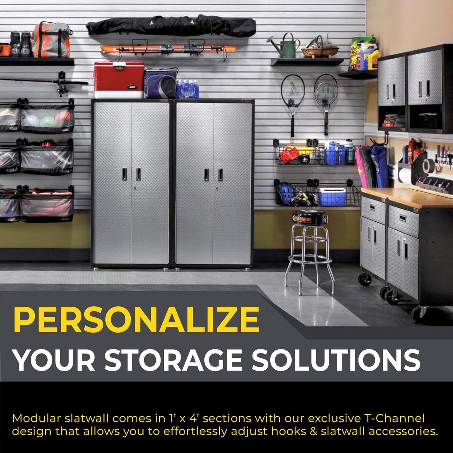 Heavy Duty 4x8 PVC Garage Slatwall Storage System (with Endcaps & Screws) - Modular Slat Wall Paneling for Garage Wall Organizer - Interlocking Slatwall Panels for Home & Commercial Use (Black)