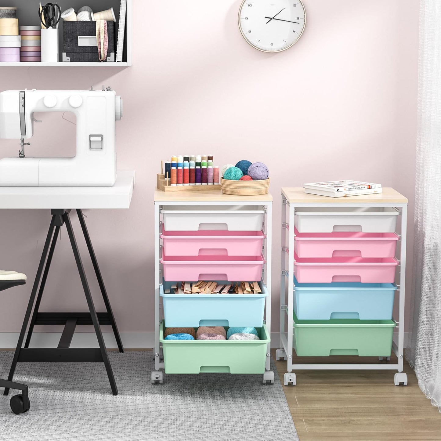 SYKIARIOL Utility Cart with 5 Drawers,Storage Drawer Cart with Wooden Tabletop and Lockable Wheels,Craft Storage Trolley Cart,5-Tier Rolling Utility Cart on Wheels,Rainbow