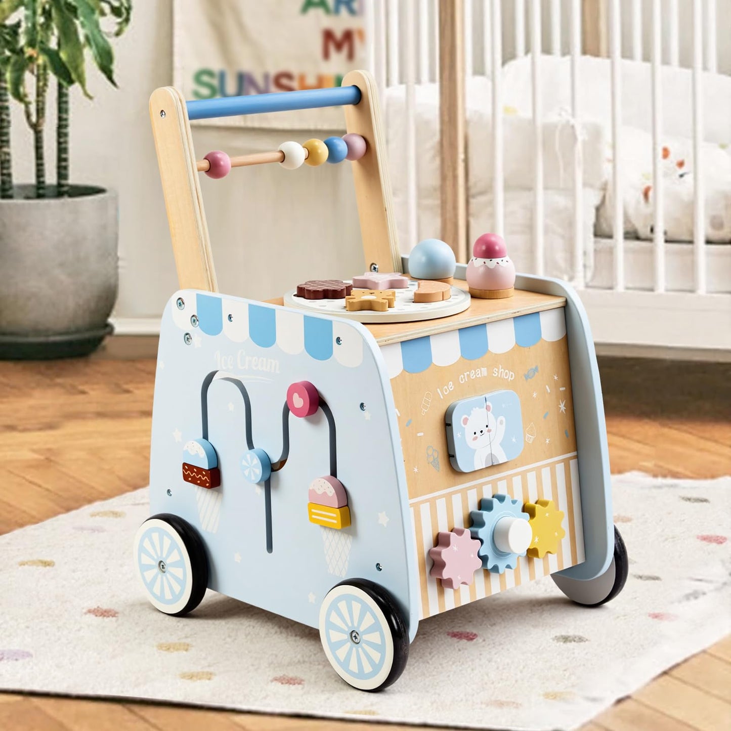 Frogprin Wooden Baby Walker, Multifunctional Ice Cream Cart, Push Walker with Wheels, Montessori Walker Toy with Activity Center, Pretend Playset Ideal for Toddlers, Boys and Girls Ages 12M+