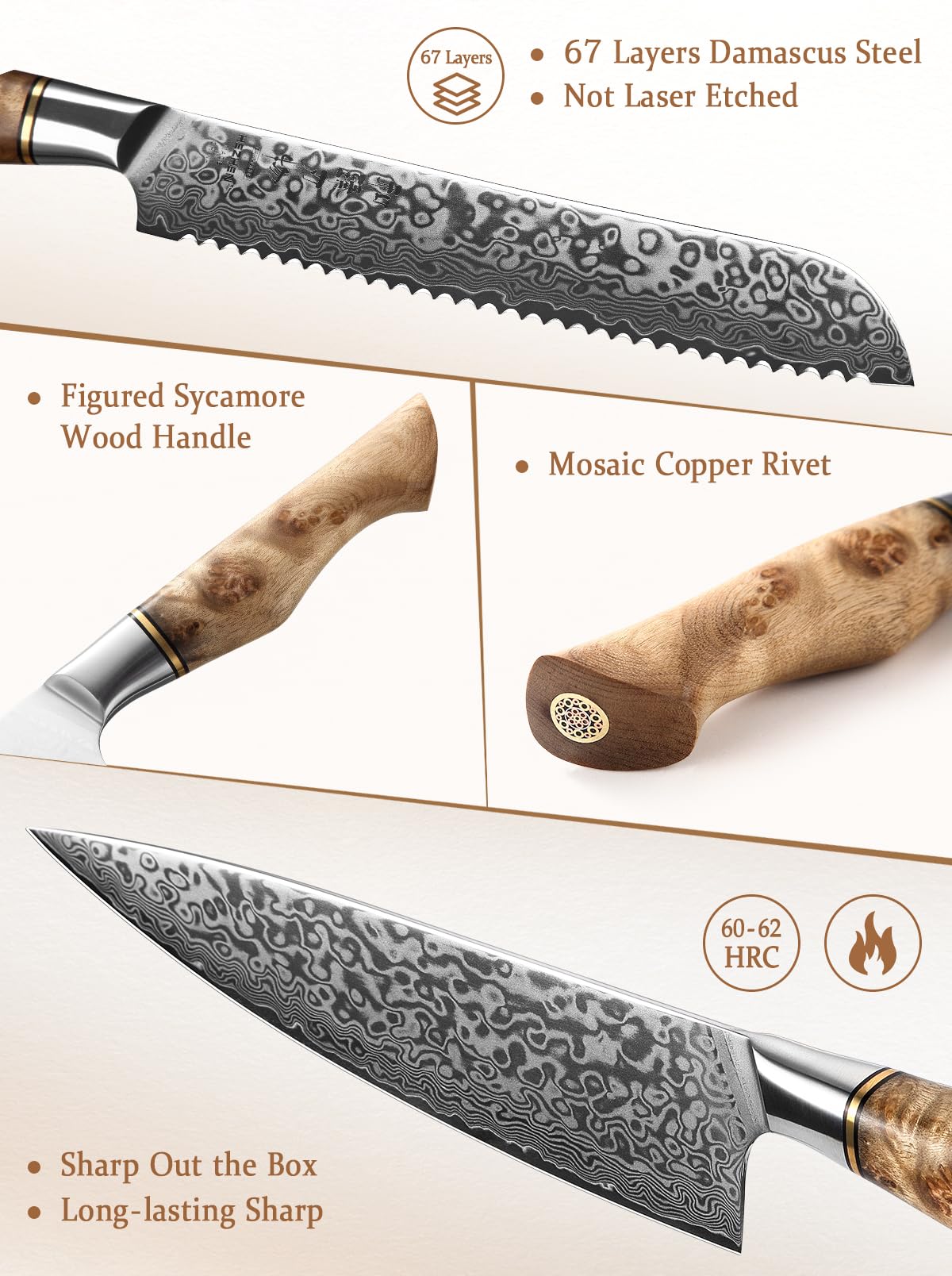 HEZHEN Damascus Kitchen Knives Set, Damascus Steel Japanese Style Chef Knife Utility Knife Santoku Knife,Figured Sycamore Wood Handle