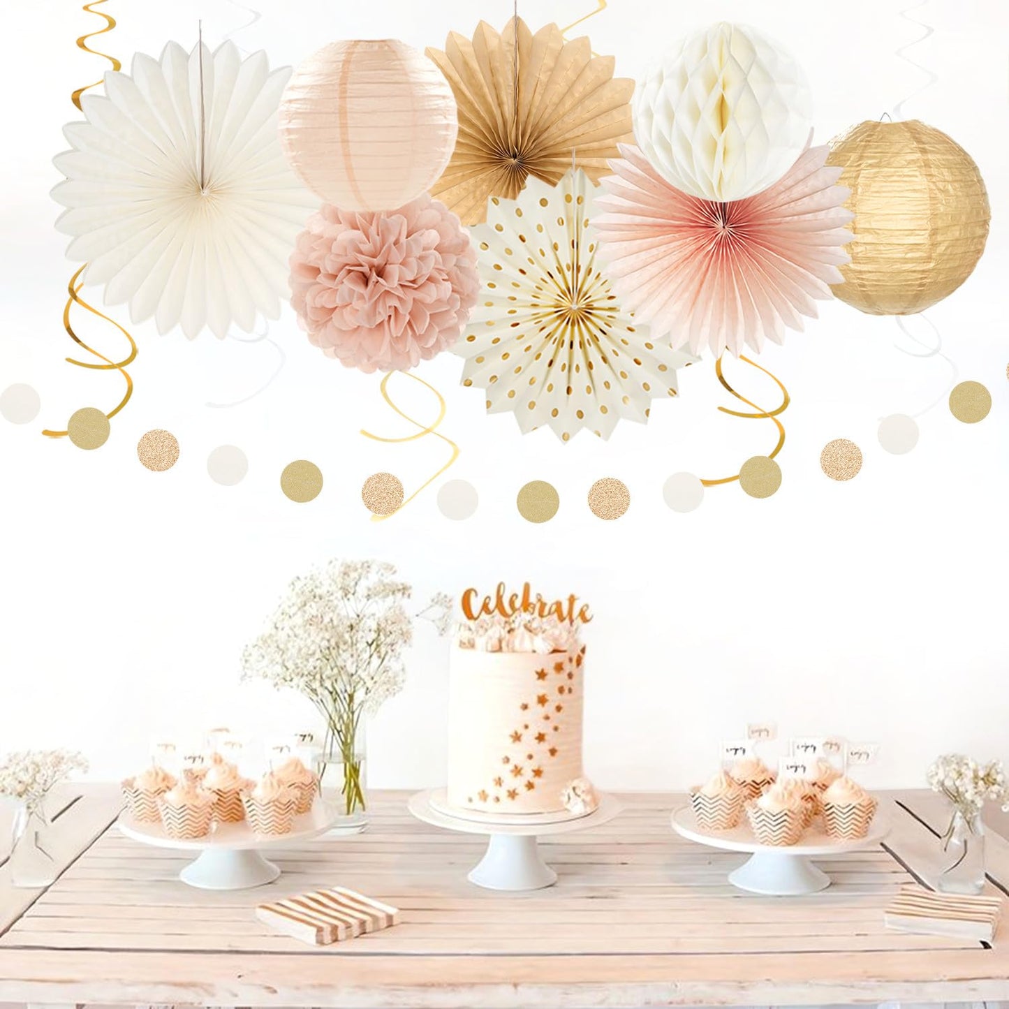 Champagne-Gold Fall Boho Baby Shower Party-Decorations - 21pcs Girls Welcome Baby Banner,Beige One Sweet Peach Paper Lanterns Pom Poms, Neutral Streamers Garland Decor Favors Huglony