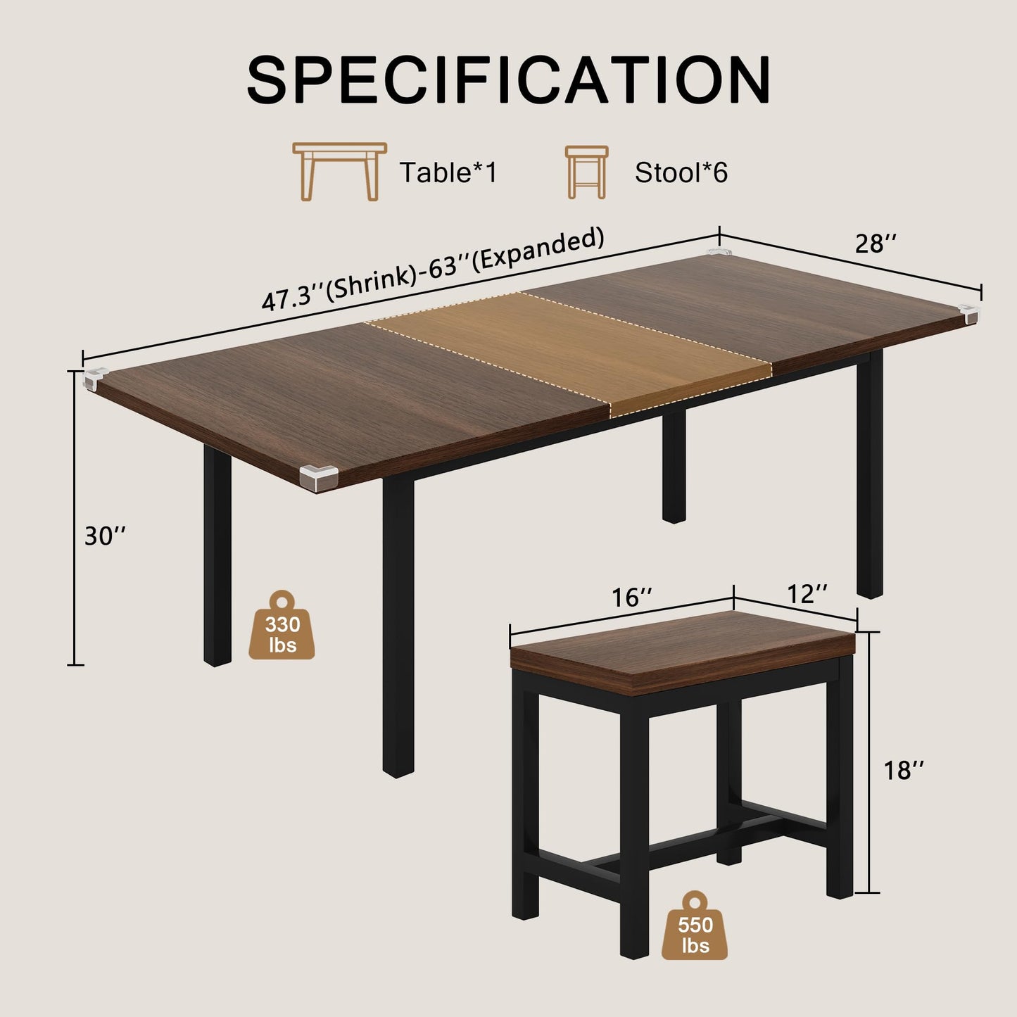 Einhomn 7-Piece Dining Table Set, 63" Extendable Kitchen Room Table with 6 Stools, Mid Century Modern Dinner Table with Metal Frame & MDF Board, Space-Saving, Easy Assembly, Walnut