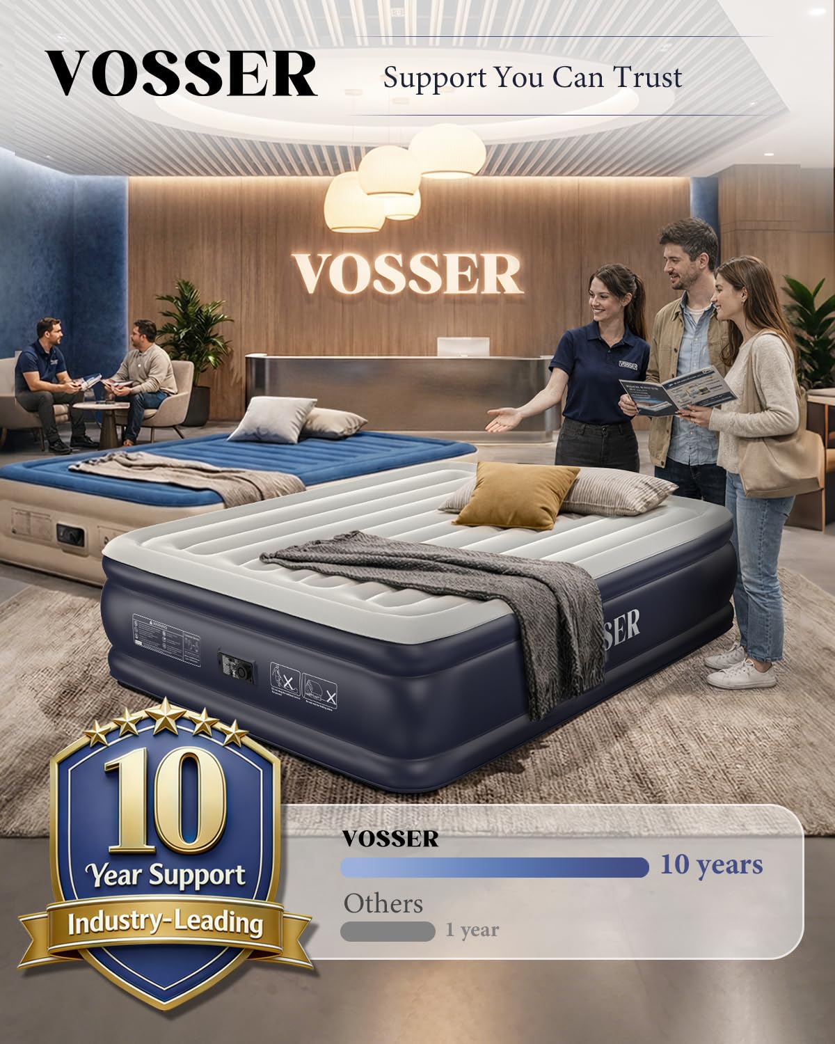 VOSSER Air Mattress Queen with Built-in Pump, 18" Raised Inflatable Blow Up Mattress,Upgraded Heavy Duty Portable Air Bed for Home,Guests,Floor & Camping, Self Inflating Colchon Inflable,Gift for Mom