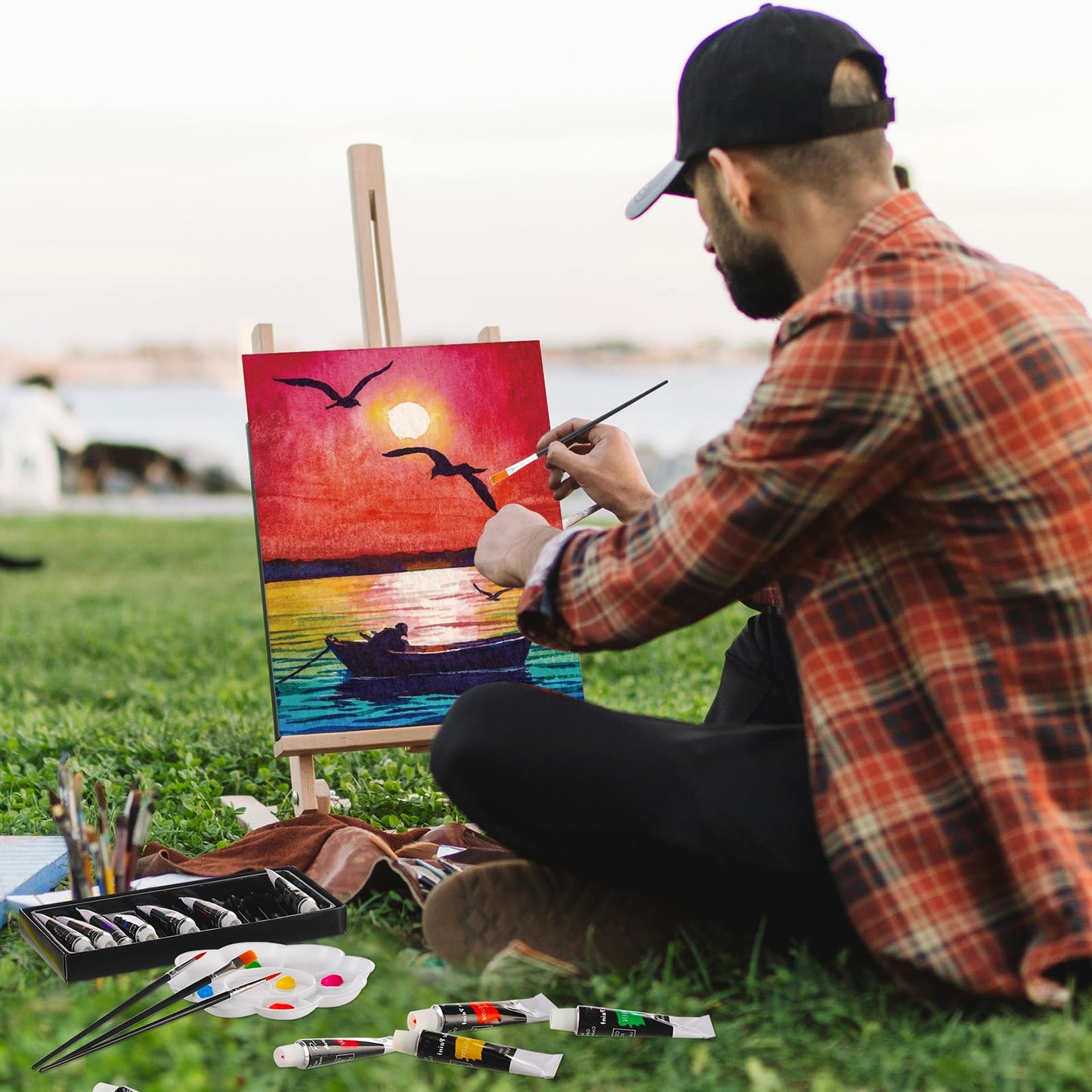 Cholemy 36 Pcs Paint and Sip Kit for Adults 8''x10'' Pre Drawn Canvas for Painting DIY Afro Acrylic Painting Kit Wood Easel Brushes Date Night Bulk for Father's Day Party Gifts(Mountain)