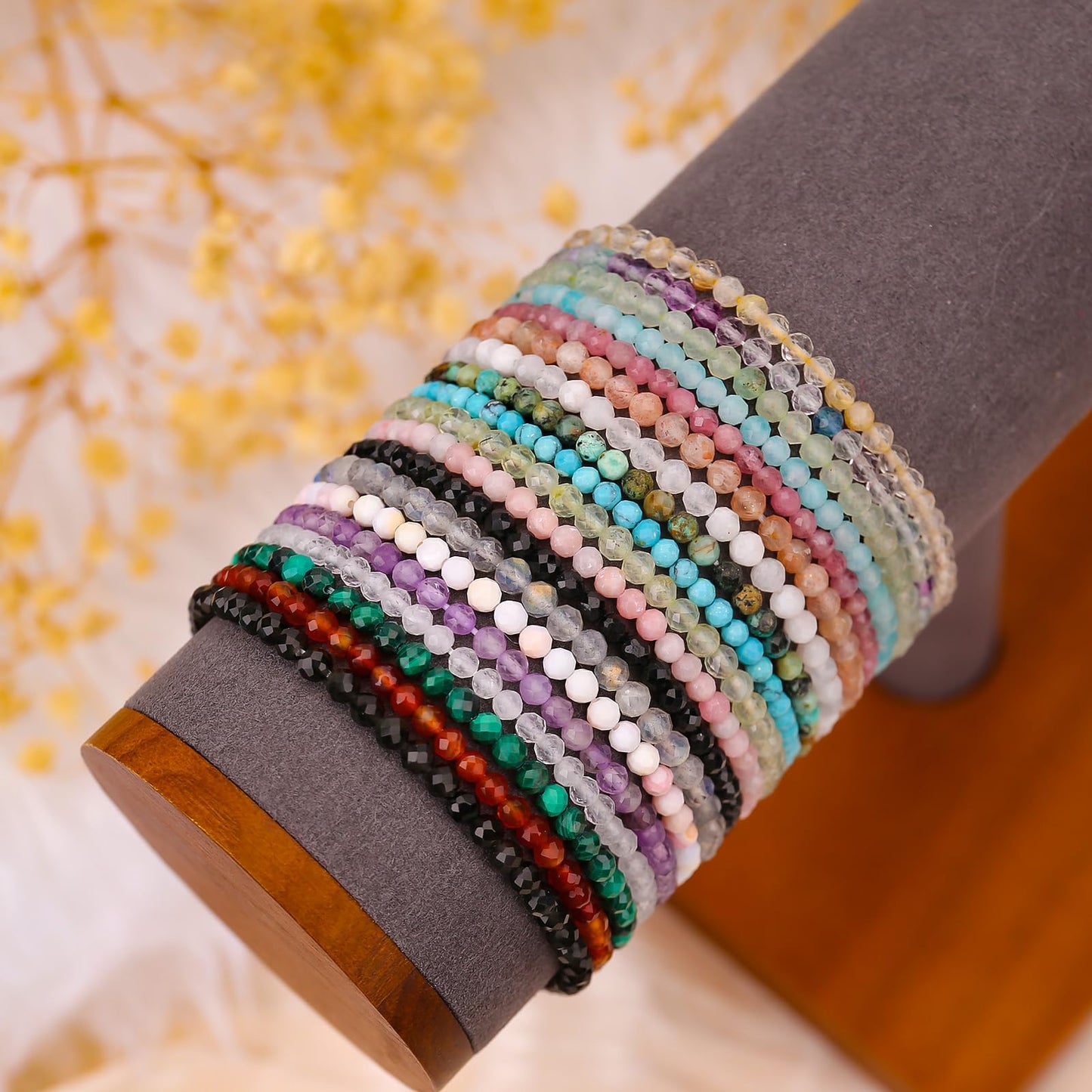 BONNY BOXX Natural Genuine Gemstone Faceted Round Beads Bracelets, 3mm Adjustable Stretchy Tiny Faceted Colorful Tourmaline Bracelet, Healing Crystal Reiki Chakra Dainty Jewelry Fashion Gifts