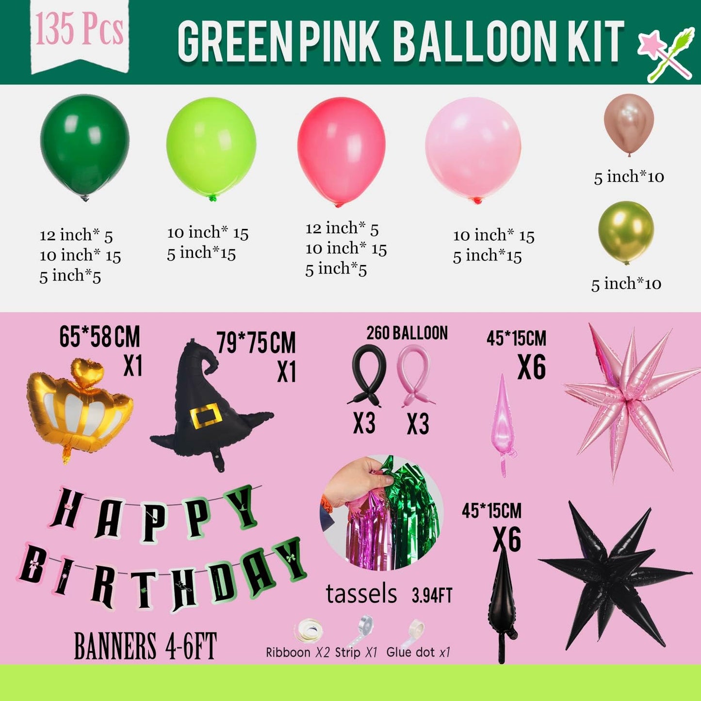 Green and Pink Balloon Garland Arch Kit, 120pcs with wizard hat star crown mylar balloon and Fringe Curtain Banner for Musical Theatre Witch Themed Birthday Baby Shower Decoration