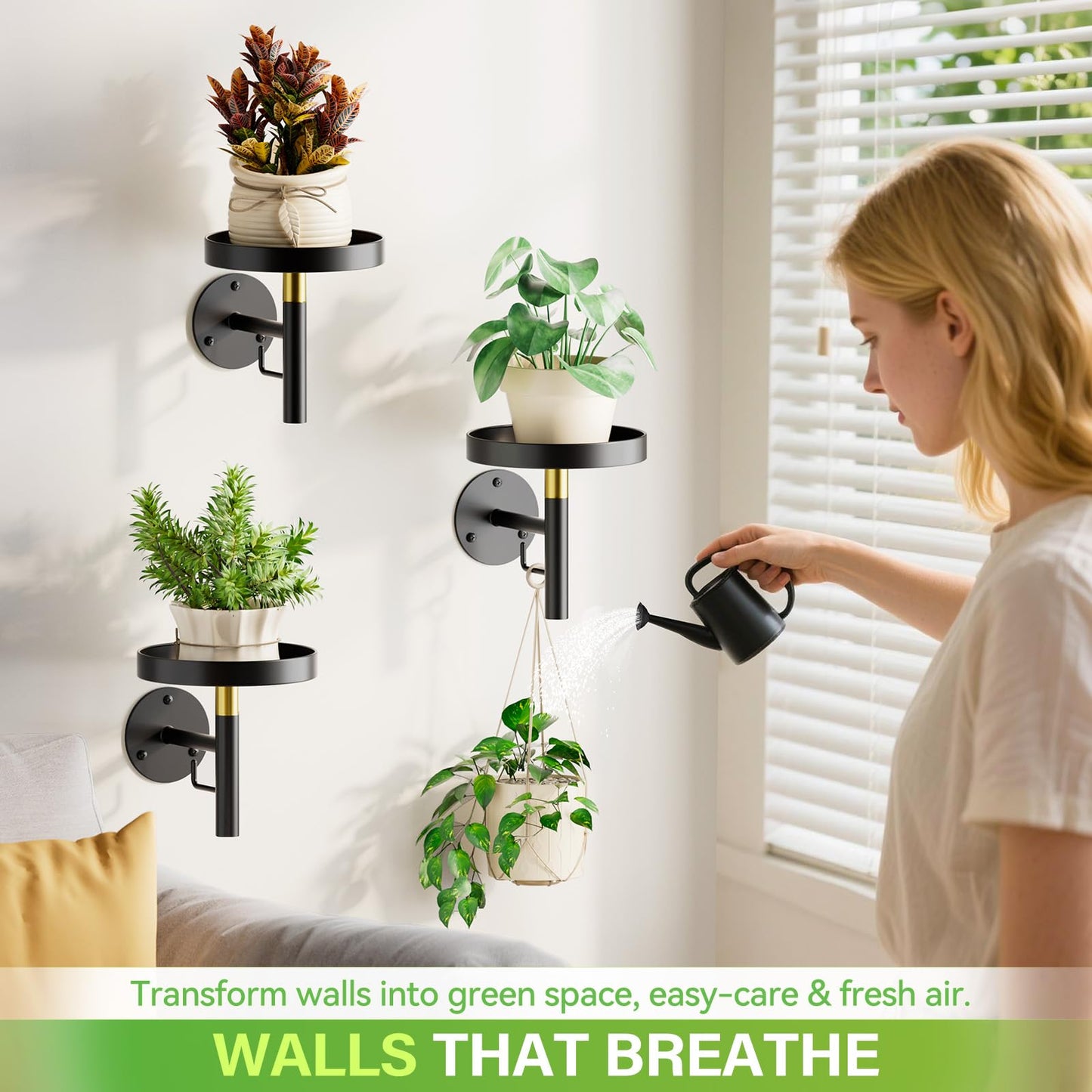 DELLAN Wall Plant Holder, 3 Pack Metal Wall Planters Stand Hanging Shelves for Indoor Plants, Window Sill Plant Decor for Bedroom, Bathroom, Living Room, Home, Office, BlackGold