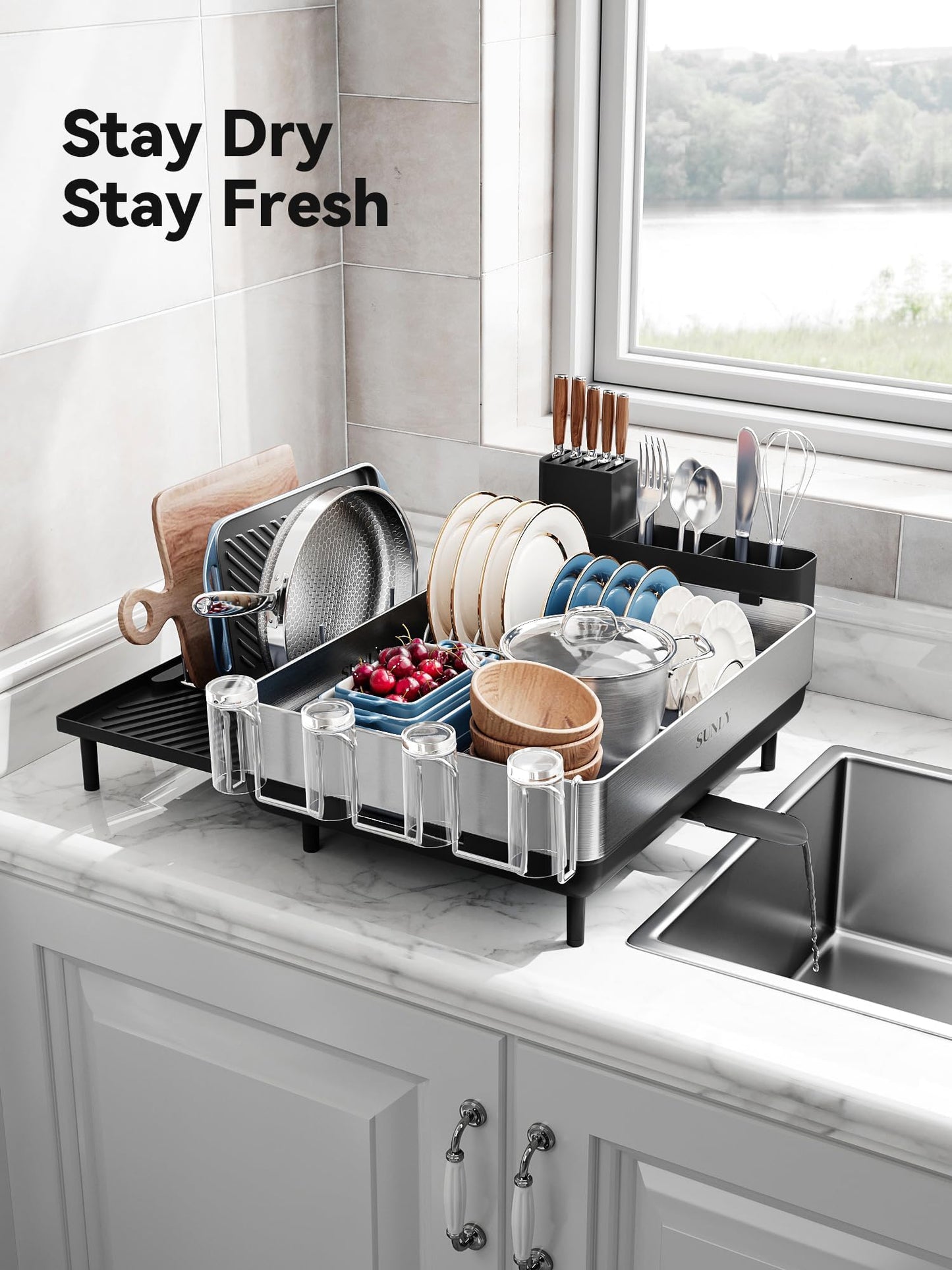 SUNLY Large Dish Drying Rack, Expandable Dish Racks for Kitchen Counter, Space Saving 304 Stainless Steel Drying Rack Kitchen, Extra Large Drainer with Multifunctional Flip Up Pegs, Black