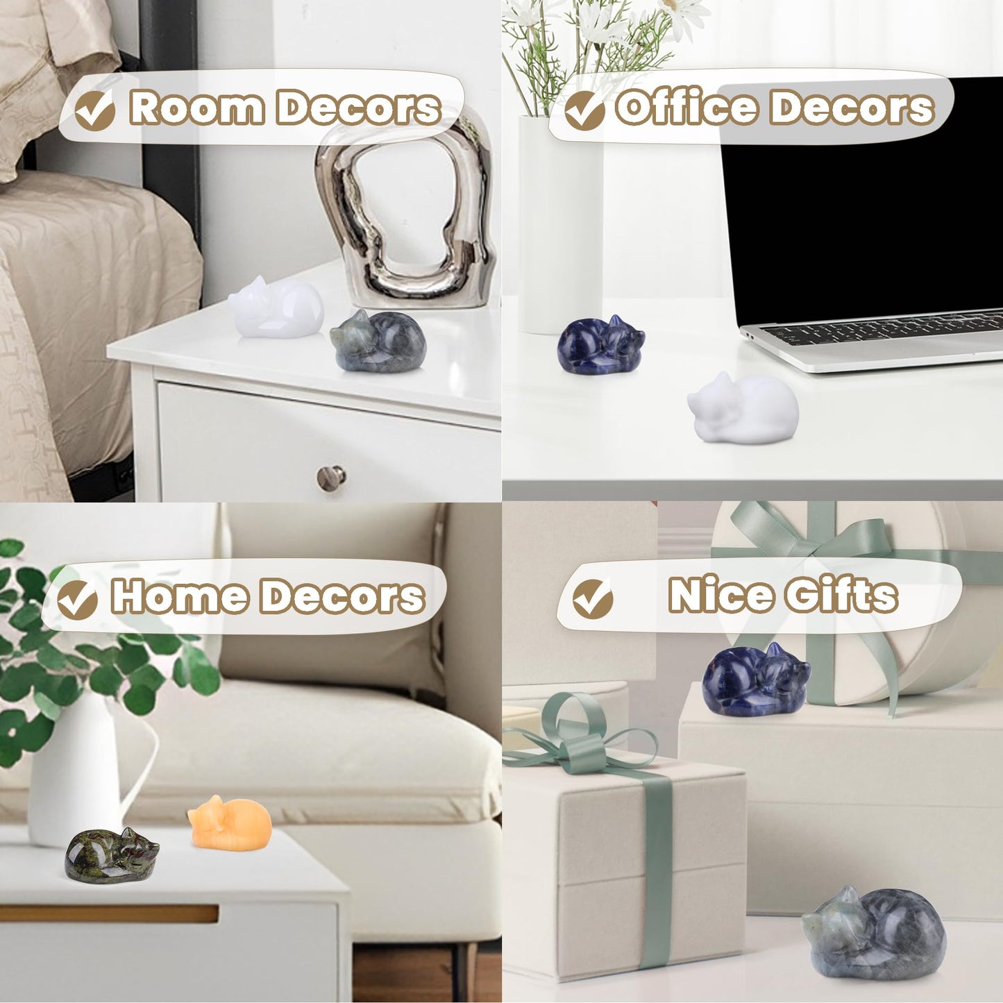 YATOJUZI 2" Cat Decor Figurines White Jade Crystals Sleeping Cats Decor Hand Carved Cute Crystal Animal Statues Decors Room Home Office Desk Decorations Cat Gifts for Women