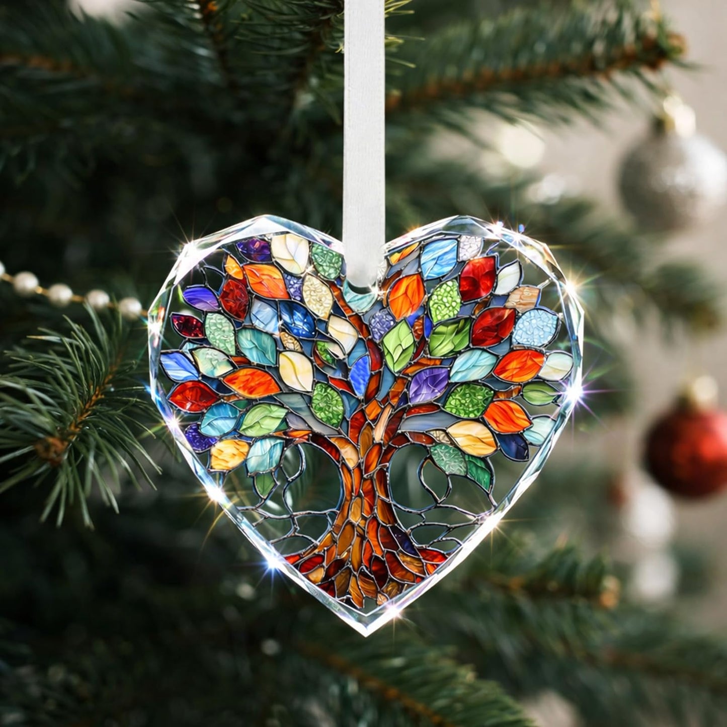 Tree of Life Stained Glass Ornament Christmas Tree Decorations Heart Shape Crystal Ornaments Holiday Presents Idea Car Hanging Ornaments Unique Keepsale for Mom Wife Friend Sister