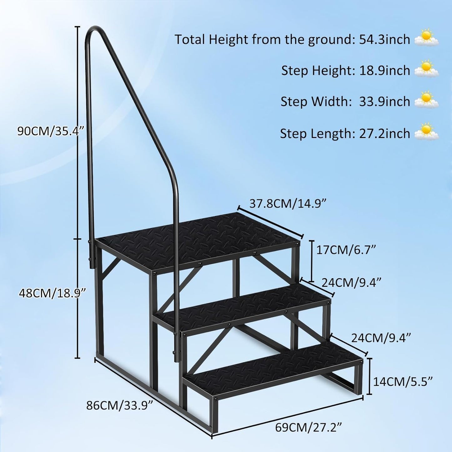 RV Steps with Handrail, 3 Step RV Stairs 660lbs Load Capacity, Heavy Duty Camper Steps with Wide & Anti-Slip Platform, Portable Outdoor Metal Entry Stairs for Hot Tub, Mobile Home, Travel Trailers
