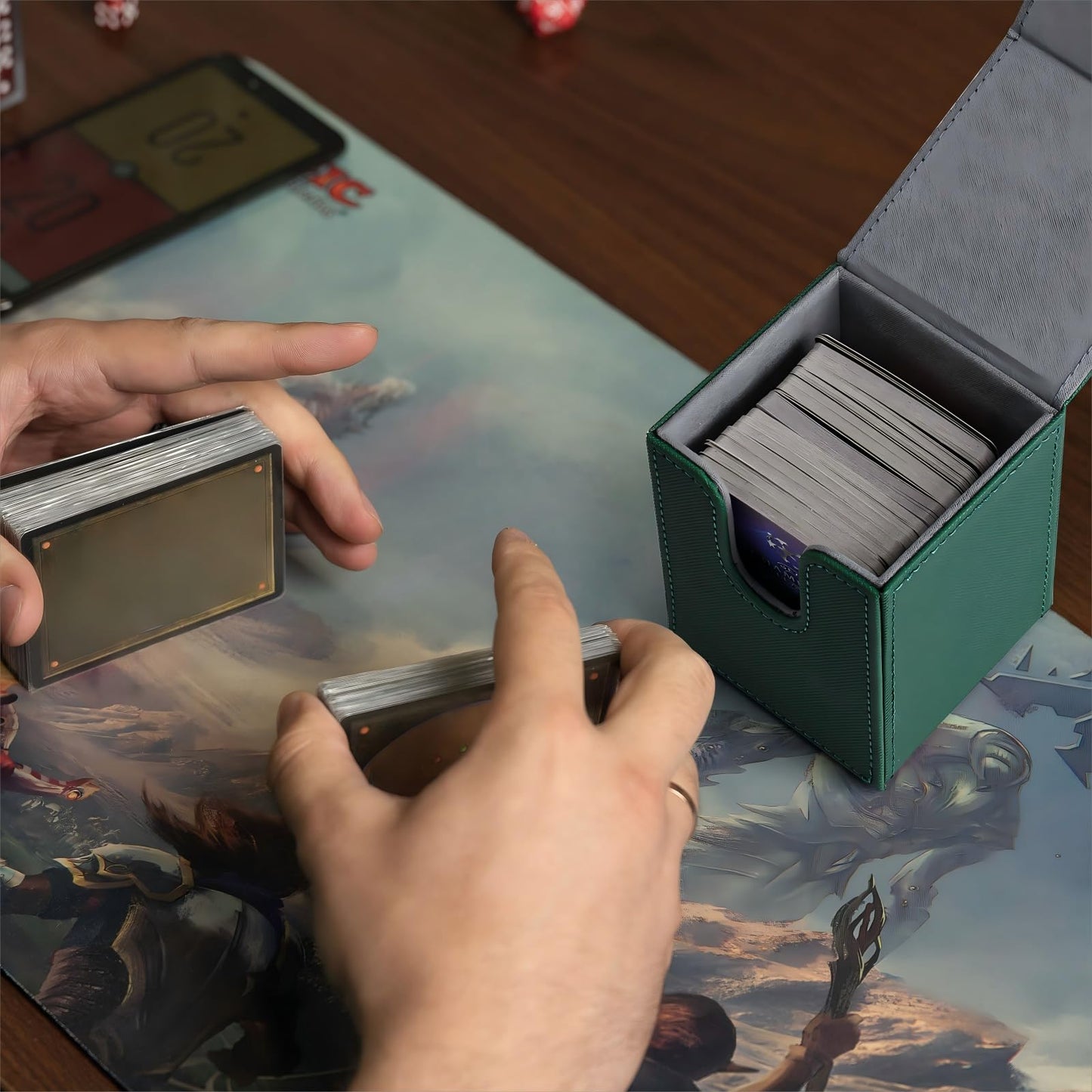 Yookeer 4 Pieces Leather Deck Card Boxes Cards Deck Game Box for Collectible Playing Card Box Compatible with MTG Commander(Black and Red, Green, Blue, Red,Vertical)