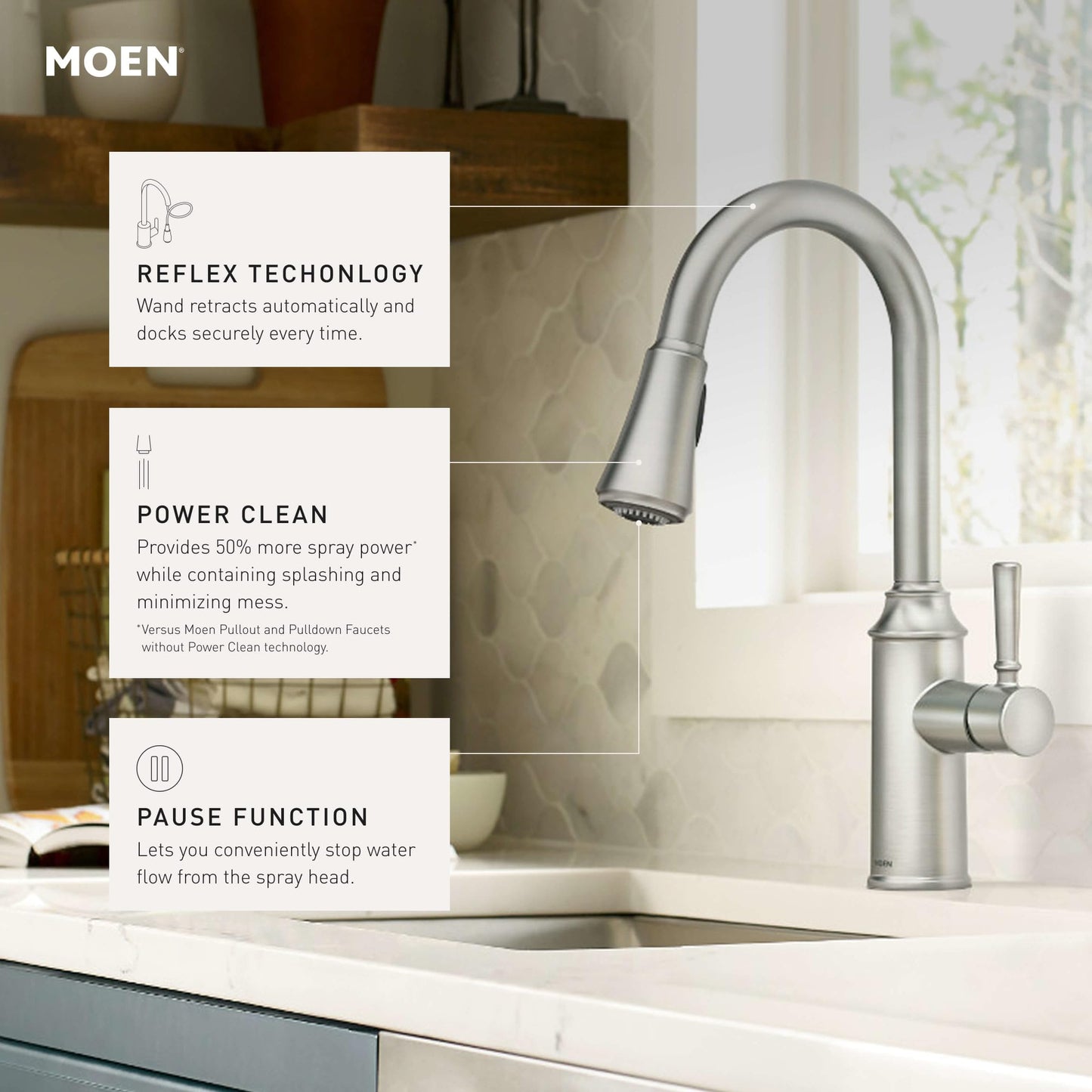 Moen Conneaut One Handle Pulldown Kitchen Sink Faucet with Reflex Docking and Power Clean, Spot Resist Stainless, 87801SRS