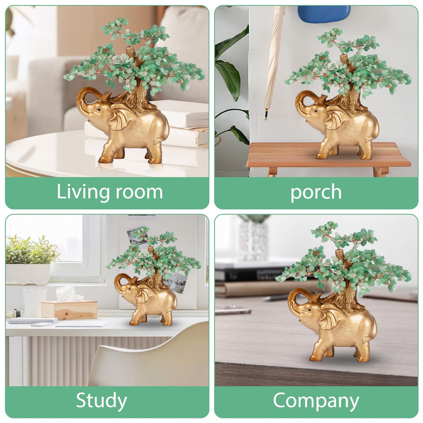 GEMBOURY Green Aventurine Crystal Money Tree on Gold Mini Elephant Statue, 10”Gemstone Bonsai Tree of Life Home Décor Gifts for Wealth Positive Energy, Feng Shui Décor