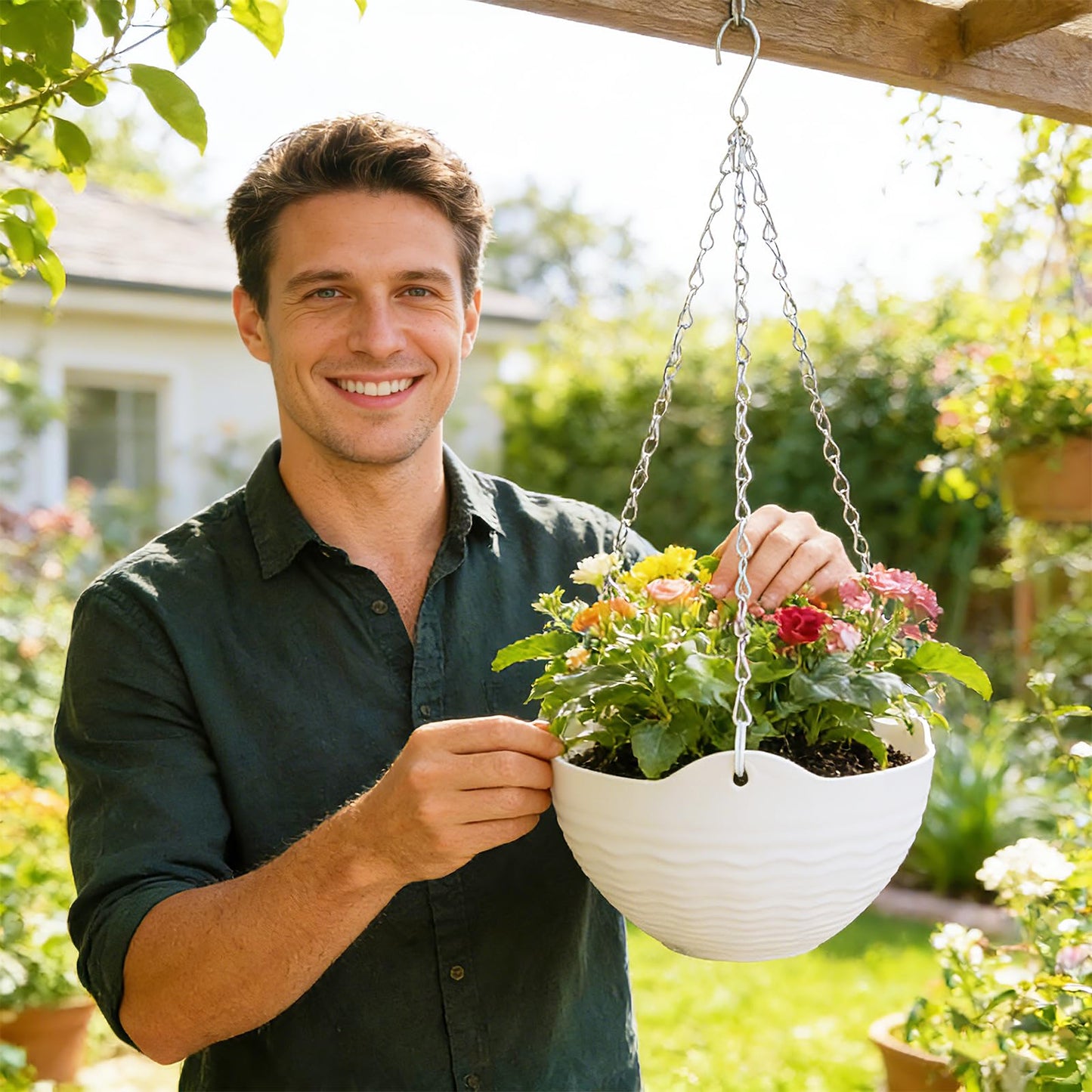 Bvrbaory 4 Pack 8 inch White Hanging Planters,Self-Watering Indoor Outdoor Plant Pots,Round Hanging Basket with Water Tray Metal Chain for Garden,Porch,Wall Decoration