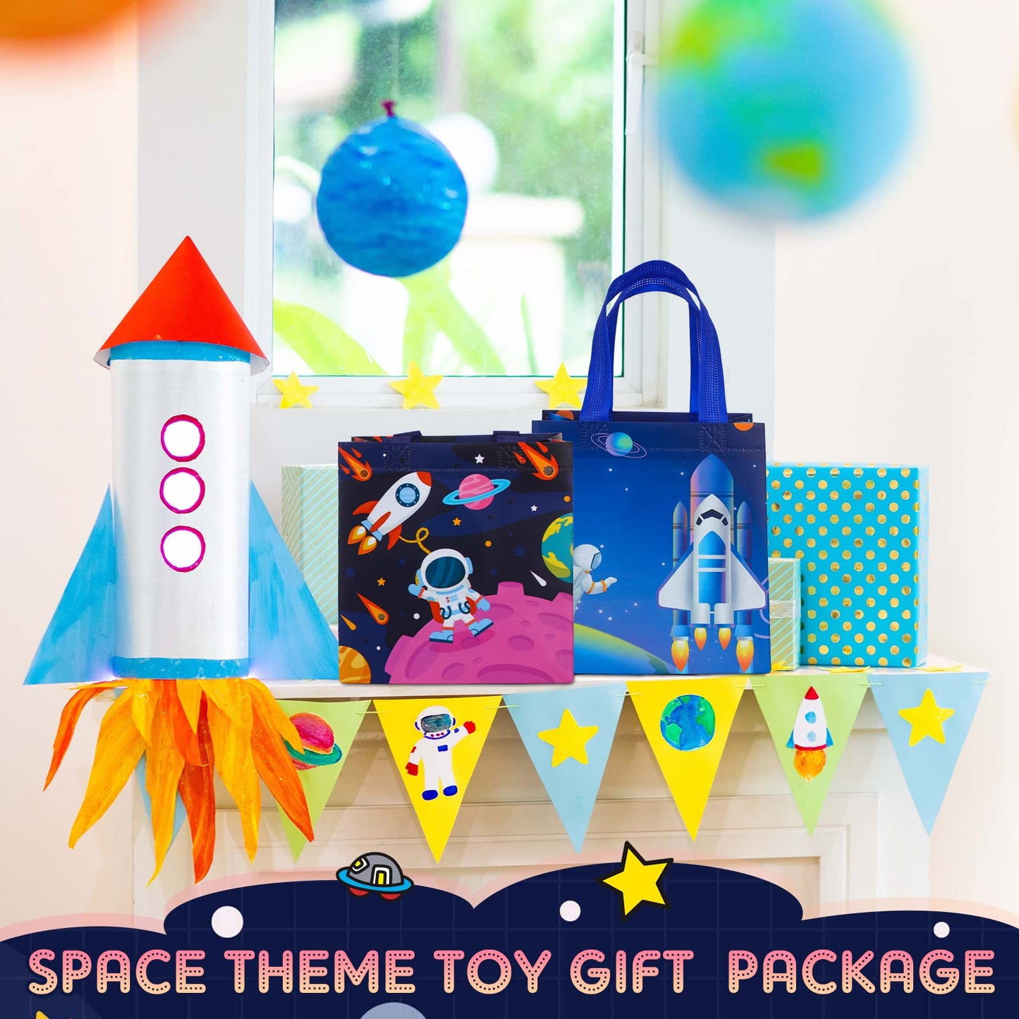 Kigeli 30 Pcs 6 Style Space Goodie Bags, Space Party Favors Large Non-woven Gifts Bags with Handles, Astronaut Planet Rocket Goodie Candy Tote for Baby Shower, Galaxy Theme Birthday Party Supplies