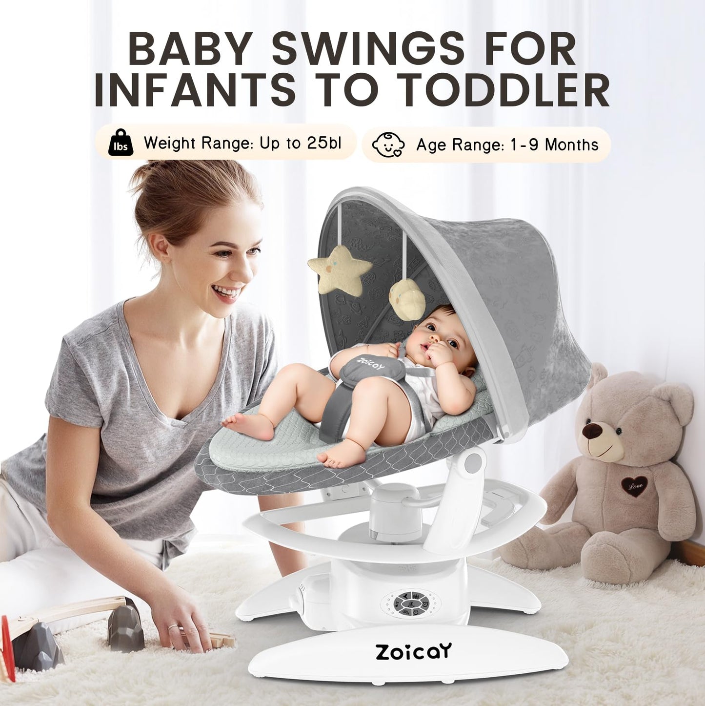 3-in-1 Baby Swing for Infants, Infant Swing with 5 Speeds & 3 Swing Modes, 12 Lullabies, Electric Swing for Baby, Indoor & Outdoor Use, Up to 25 lbs, Gray