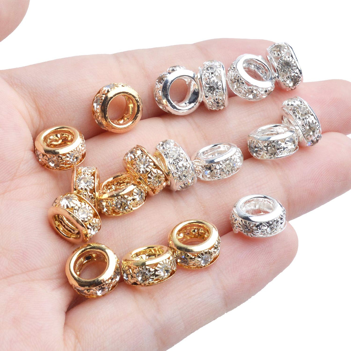 Large Hole Rhinestone Spacer Beads, 40pcs 10mm Crystal Pave Brass Rondelle Beads Fit European Bracelet Snake Chain Jewelry DIY