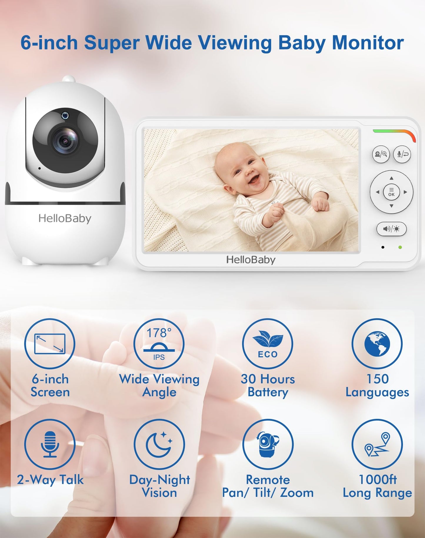 HelloBaby World's First 6" IPS Split Screen Baby Monitor with 2 Cameras - No WiFi, 30hr Battery, 355° Pan-Tilt, Night Vision, 1000ft, Portable Travel Video Audio Monitors with Temp Alert/Lullabies/VOX
