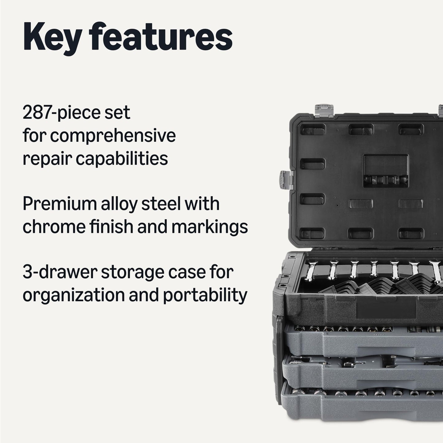 Amazon Basics 287-Piece Mechanic Tool Set with Sockets, Ratchets & Wrenches - 3-Drawer Case