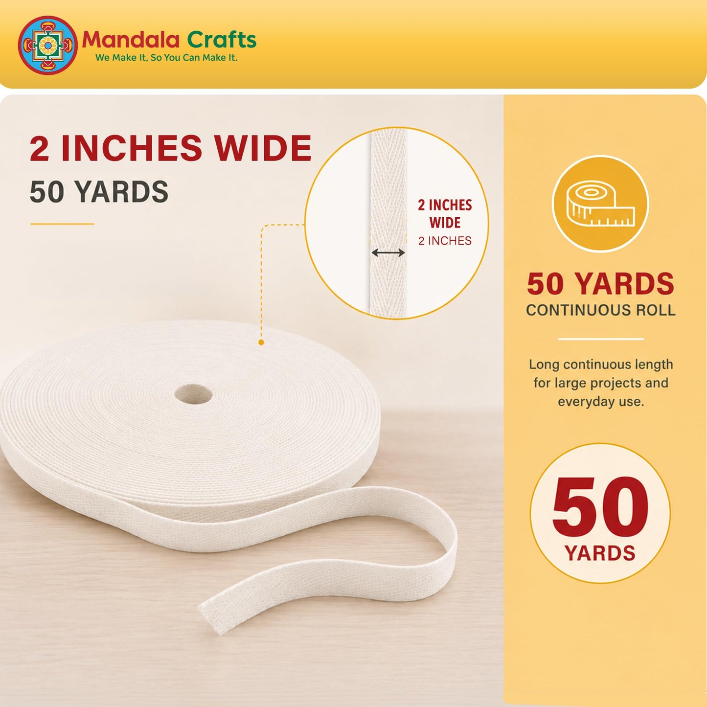 Mandala Crafts Off White Cotton Twill Tape Ribbon - 2 Inches Wide 50 Yards Herringbone Bias Tape for Sewing, Seam Binding, Ribbon Trim, and Natural Cotton Webbing
